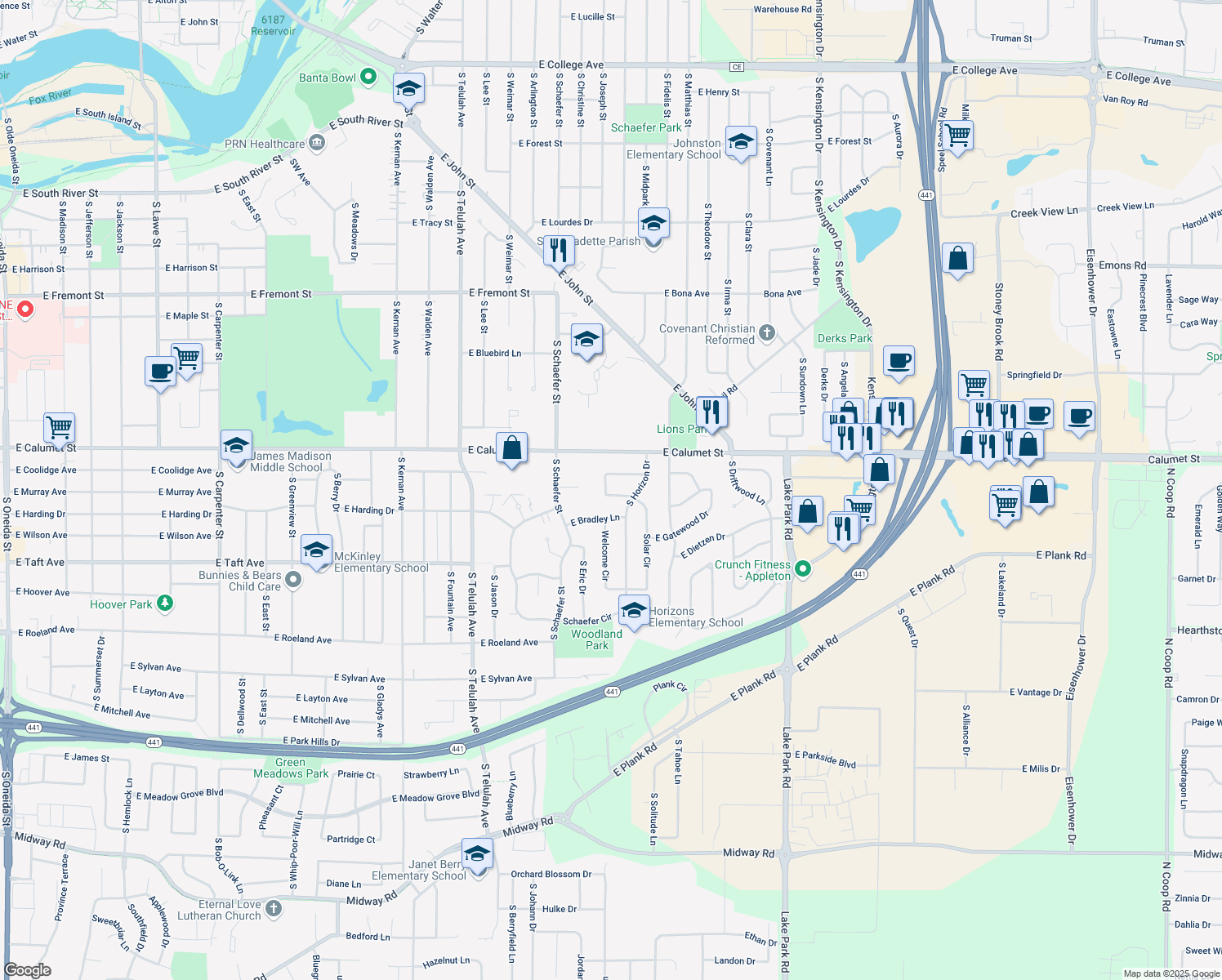 map of restaurants, bars, coffee shops, grocery stores, and more near 50 Regal Terrace in Appleton