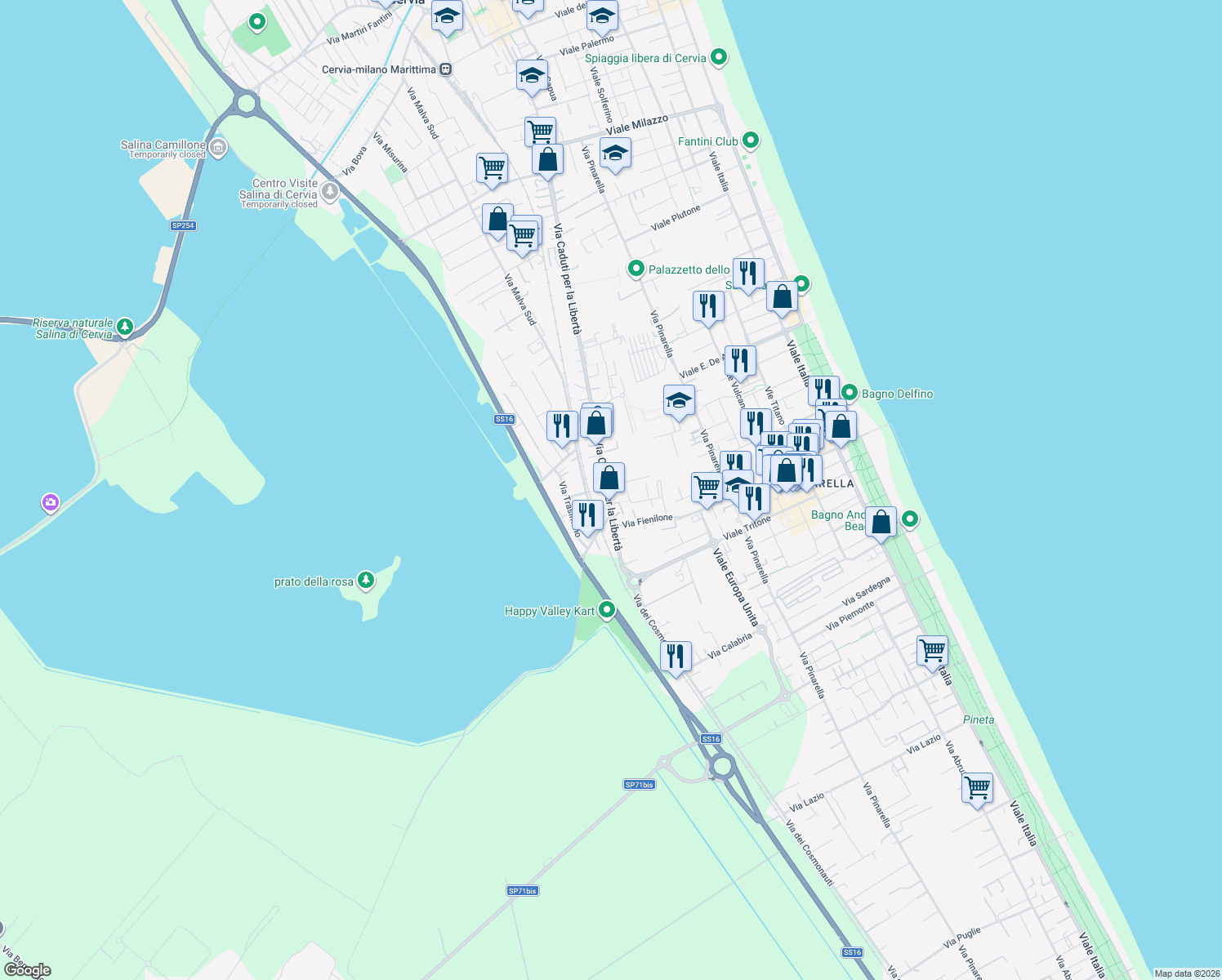 map of restaurants, bars, coffee shops, grocery stores, and more near 252 Via Caduti per la Libertà in Cervia