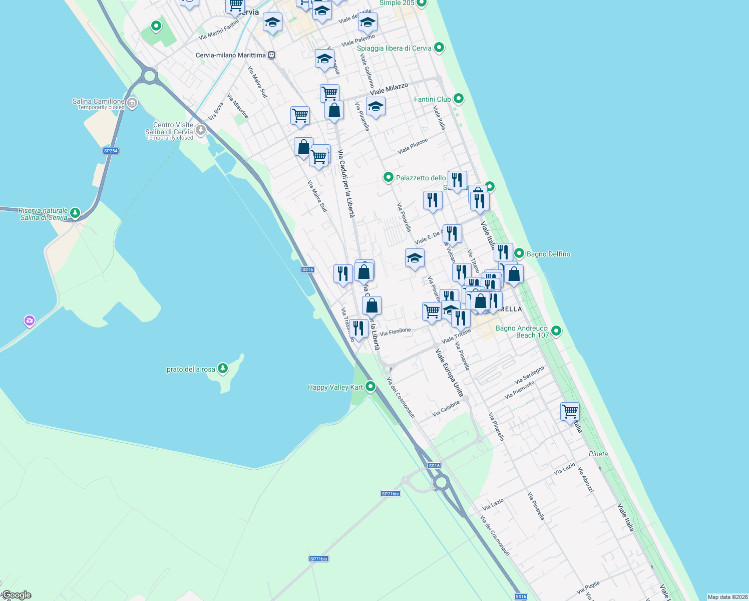 map of restaurants, bars, coffee shops, grocery stores, and more near 249 Via Caduti per la Libertà in Cervia