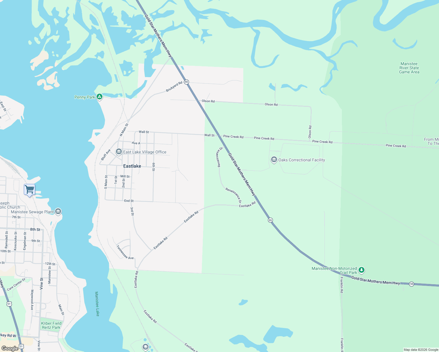 map of restaurants, bars, coffee shops, grocery stores, and more near Renaissance Drive in Manistee