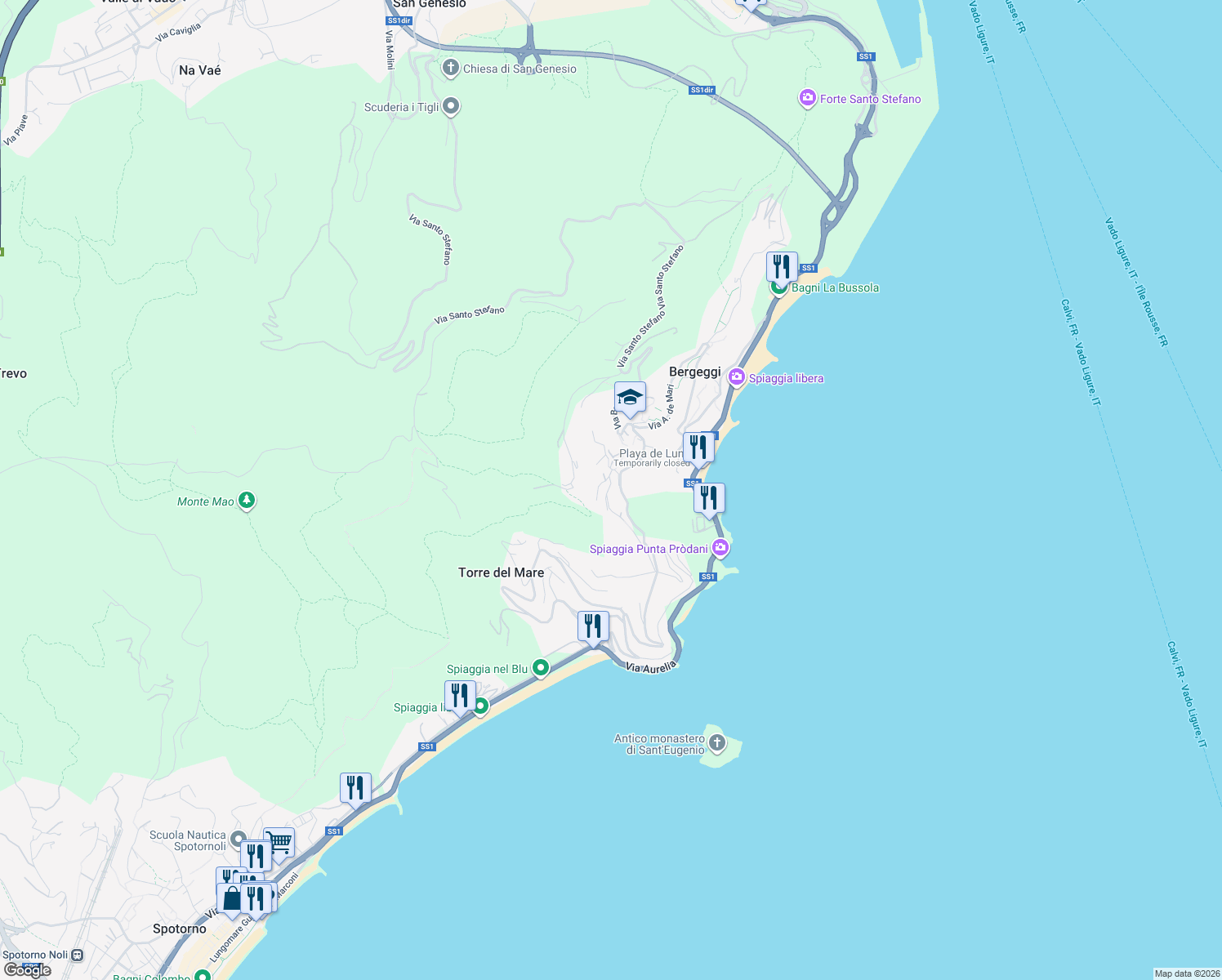 map of restaurants, bars, coffee shops, grocery stores, and more near 16 Via degli Ulivi in Bergeggi