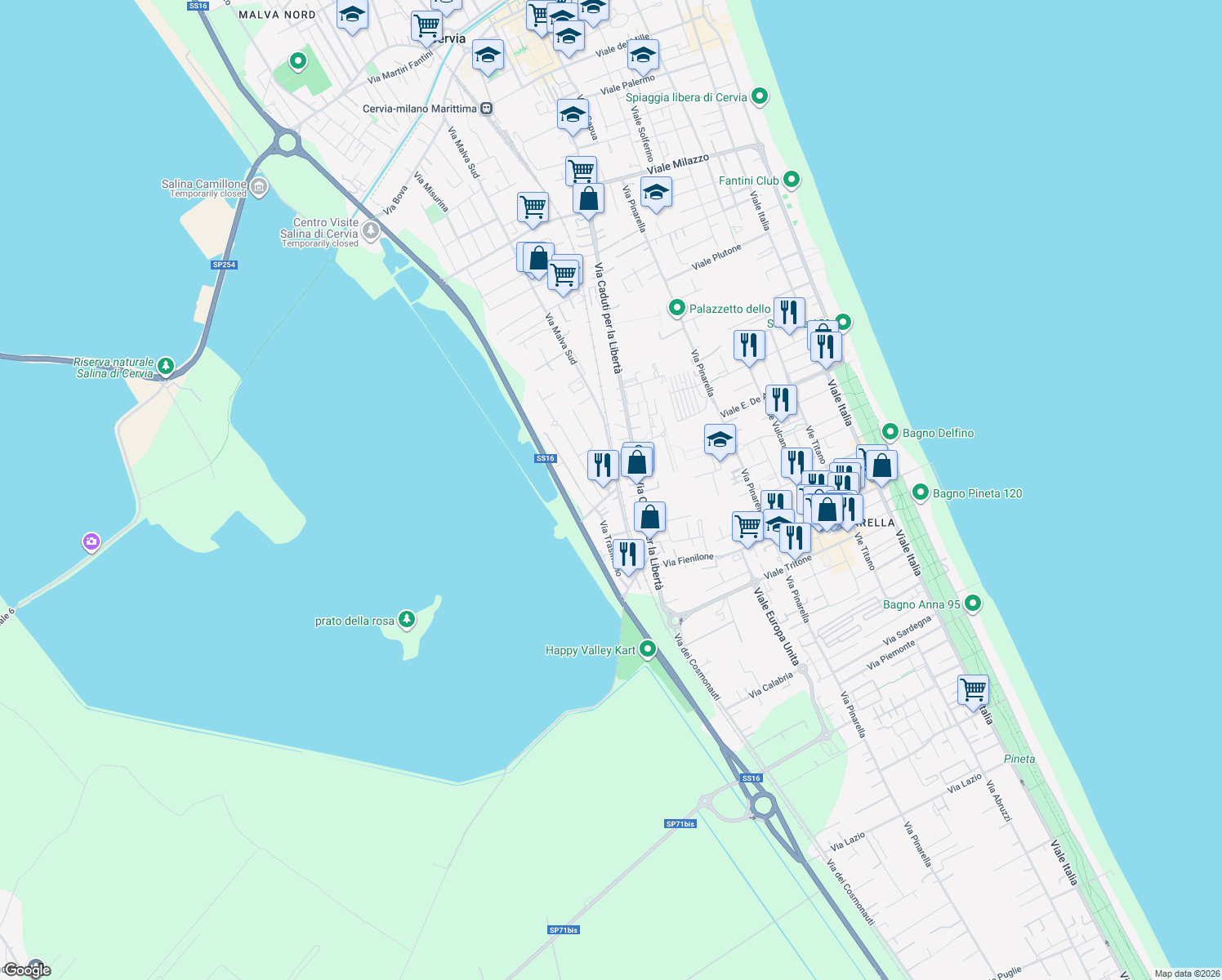 map of restaurants, bars, coffee shops, grocery stores, and more near 4 Via Casello del Diavolo in Cervia