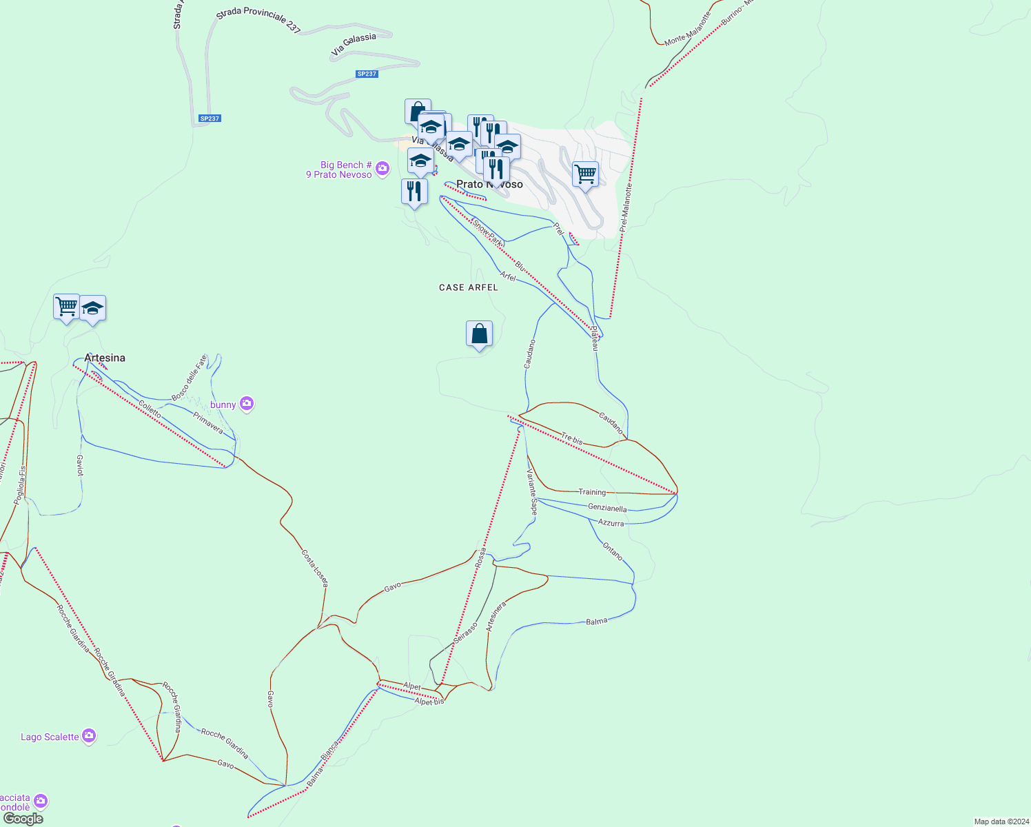 map of restaurants, bars, coffee shops, grocery stores, and more near Via Corona Boreale in Prato Nevoso
