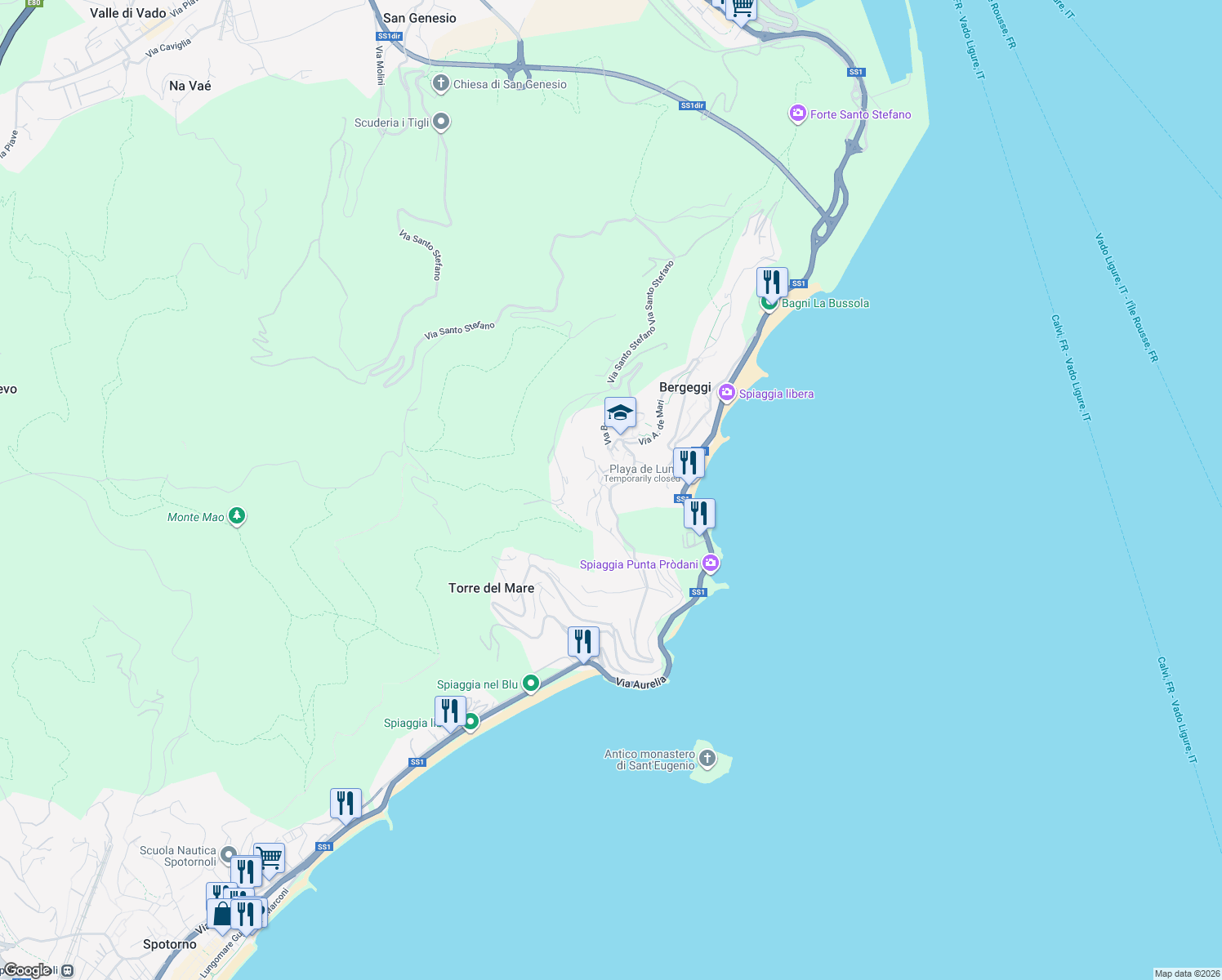 map of restaurants, bars, coffee shops, grocery stores, and more near 16 Via degli Ulivi in Bergeggi