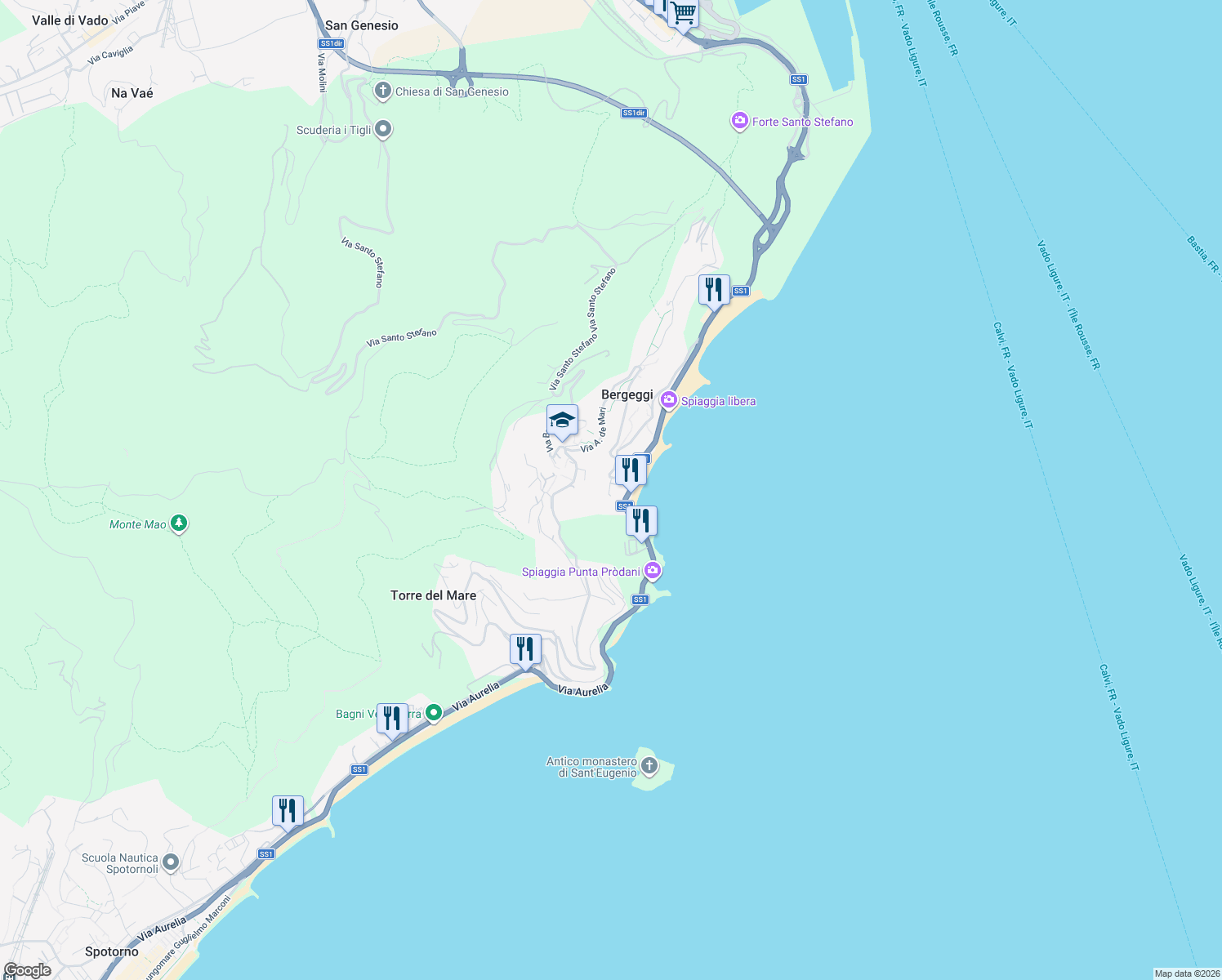 map of restaurants, bars, coffee shops, grocery stores, and more near 1 Via Mede in Bergeggi