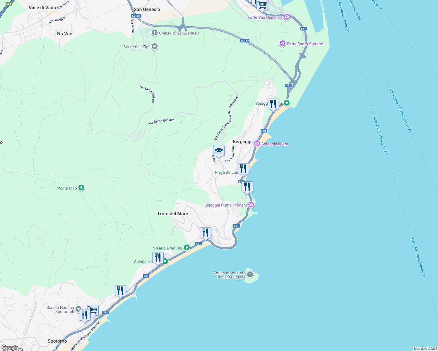 map of restaurants, bars, coffee shops, grocery stores, and more near 4 Via del Campo in Bergeggi