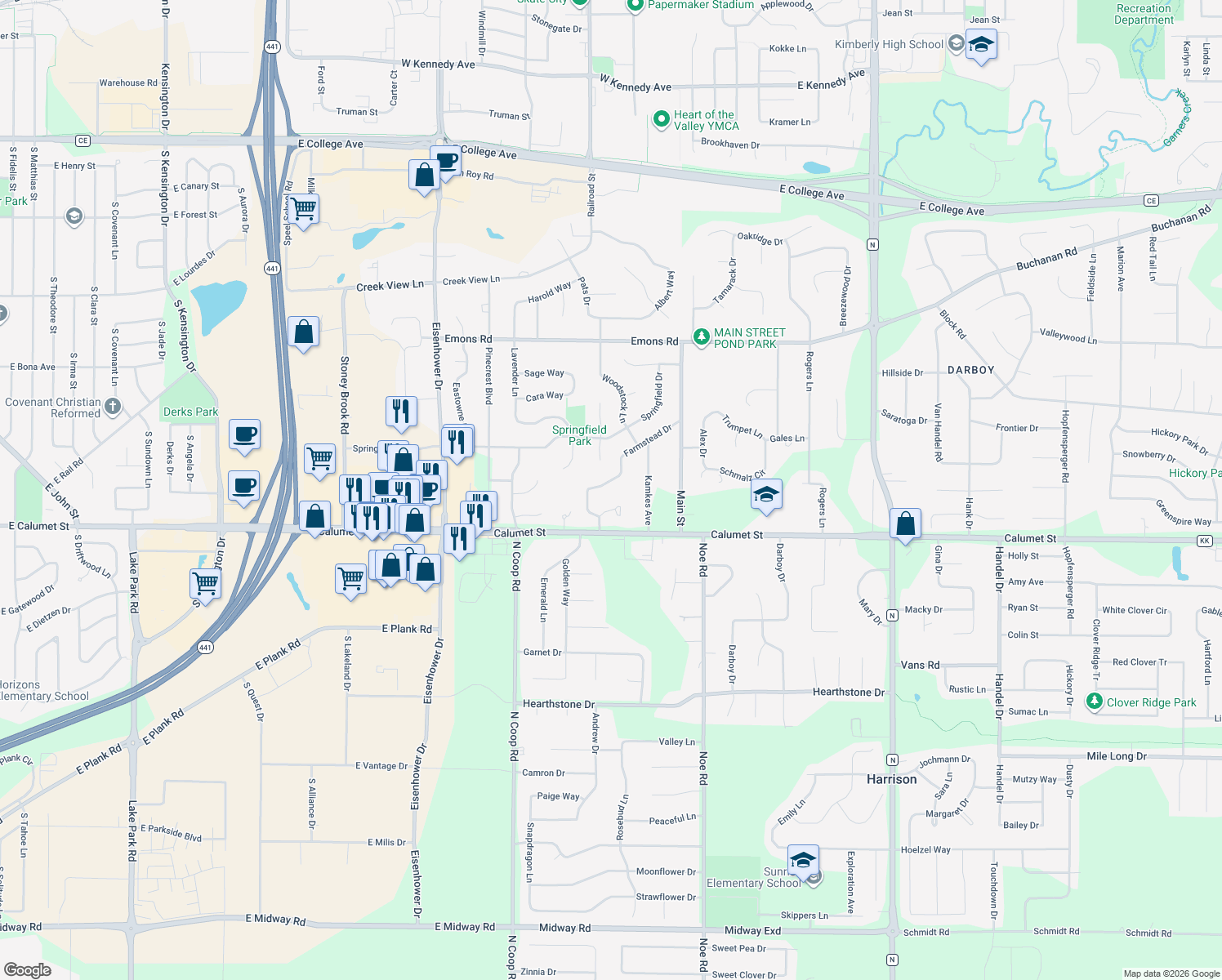 map of restaurants, bars, coffee shops, grocery stores, and more near W2973 Farmstead Drive in Appleton