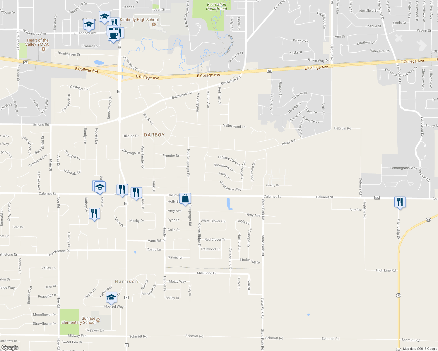map of restaurants, bars, coffee shops, grocery stores, and more near W2417 Holly Lane in Appleton