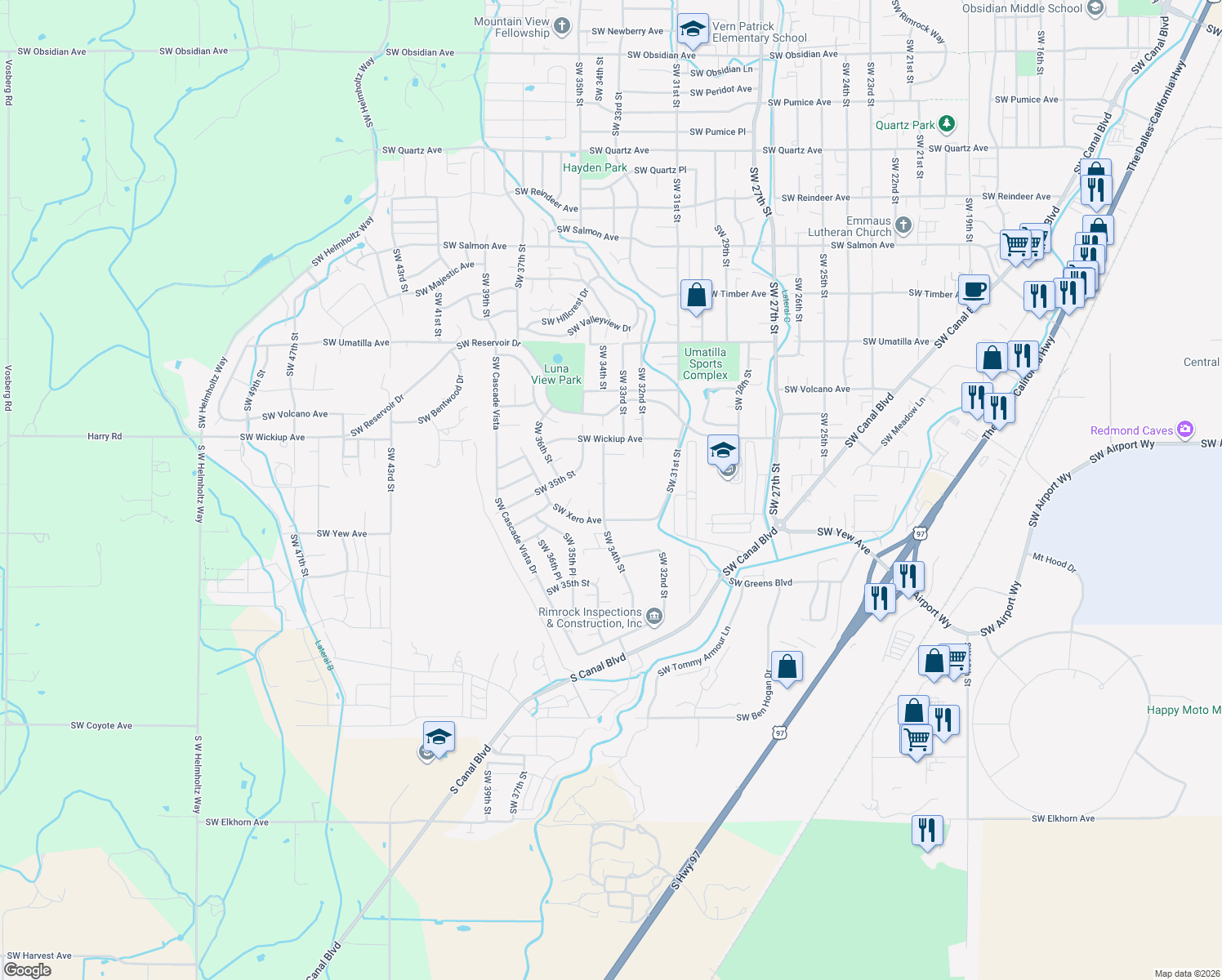 map of restaurants, bars, coffee shops, grocery stores, and more near 3244 Southwest 34th Street in Redmond