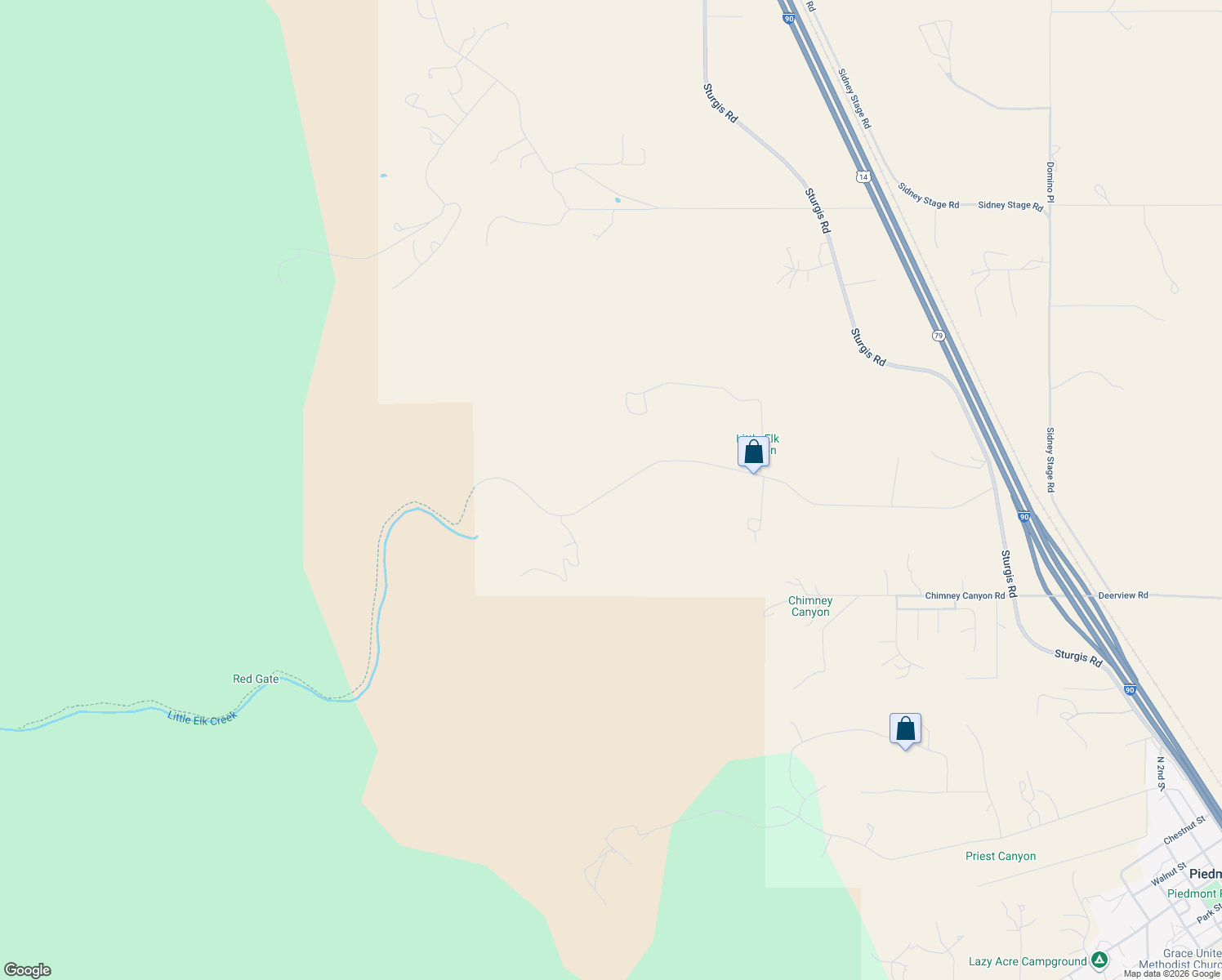 map of restaurants, bars, coffee shops, grocery stores, and more near Little Elk Creek Road in Piedmont