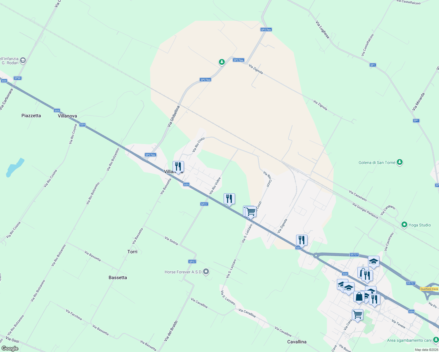 map of restaurants, bars, coffee shops, grocery stores, and more near 17 Via Rio Voltre in Villanova