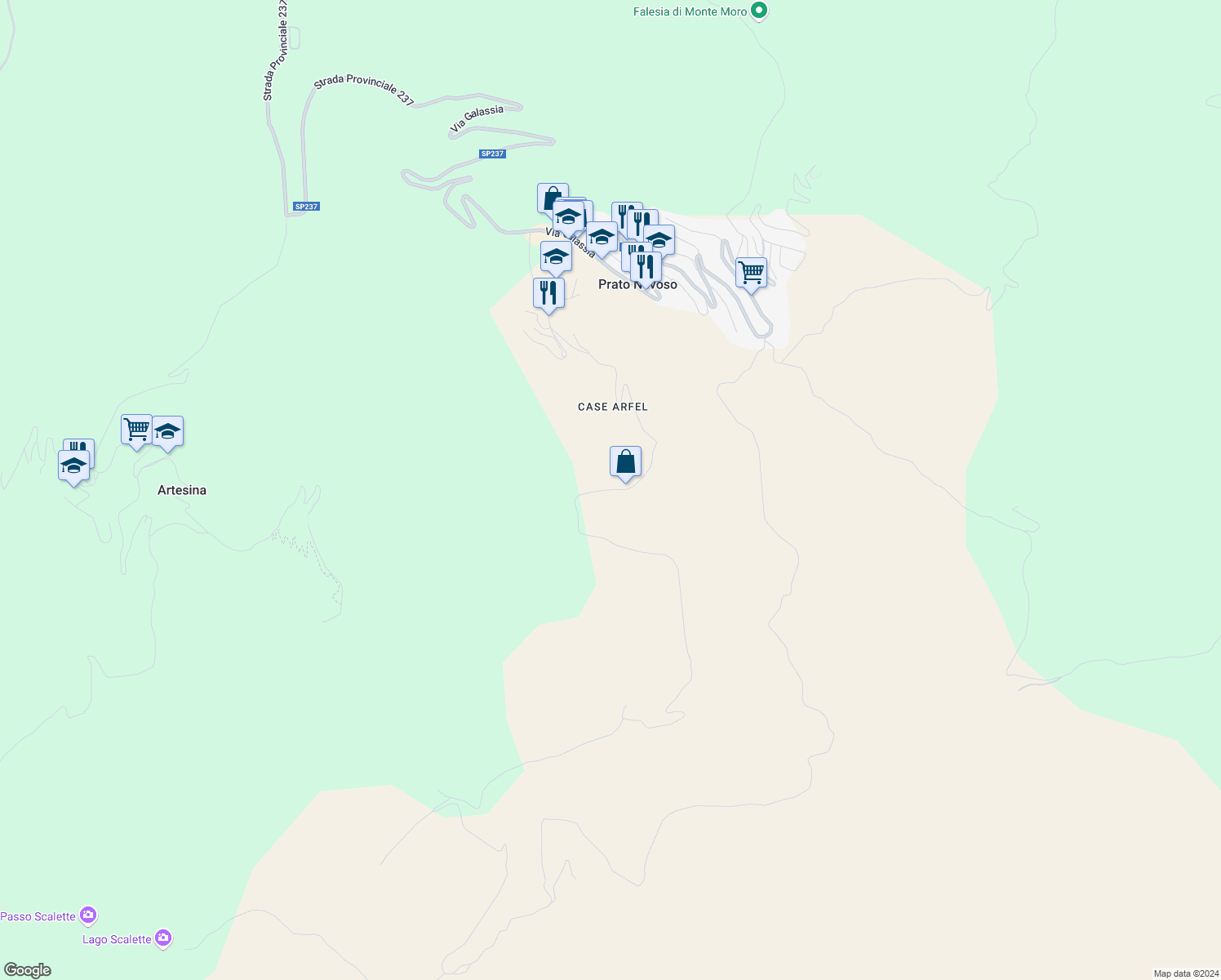 map of restaurants, bars, coffee shops, grocery stores, and more near Via Corona Boreale in Prato Nevoso