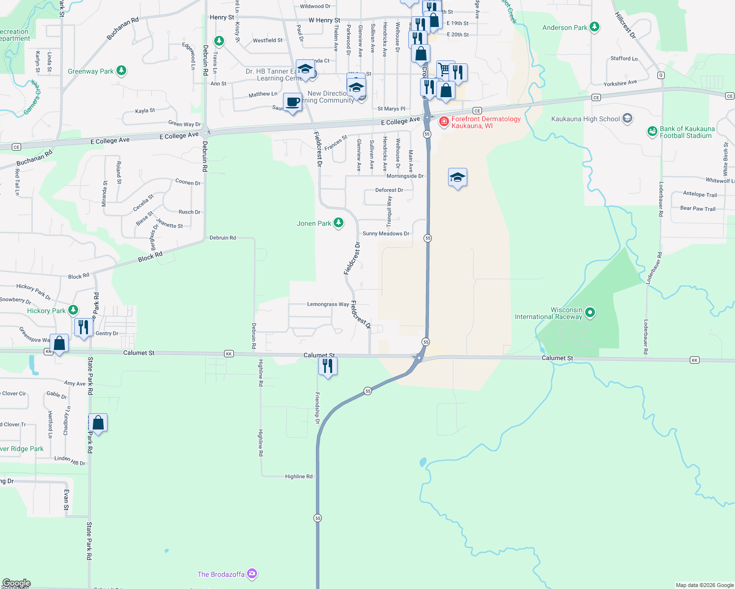 map of restaurants, bars, coffee shops, grocery stores, and more near 215 Nikki Ln in Kaukauna