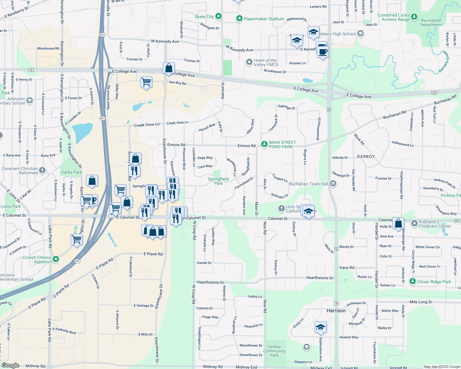 map of restaurants, bars, coffee shops, grocery stores, and more near W2979 Springfield Dr in Appleton