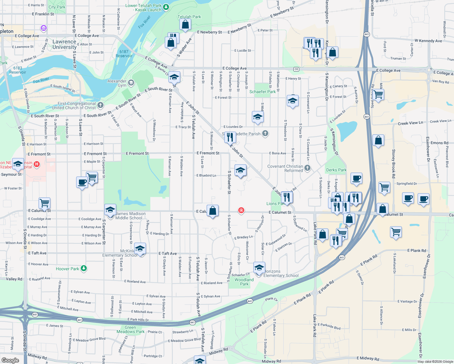 map of restaurants, bars, coffee shops, grocery stores, and more near 1717 South Schaefer Street in Appleton