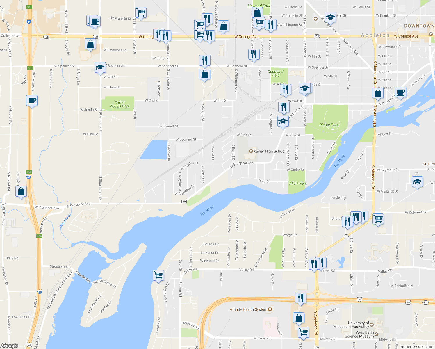 map of restaurants, bars, coffee shops, grocery stores, and more near 2020 West Prospect Avenue in Appleton