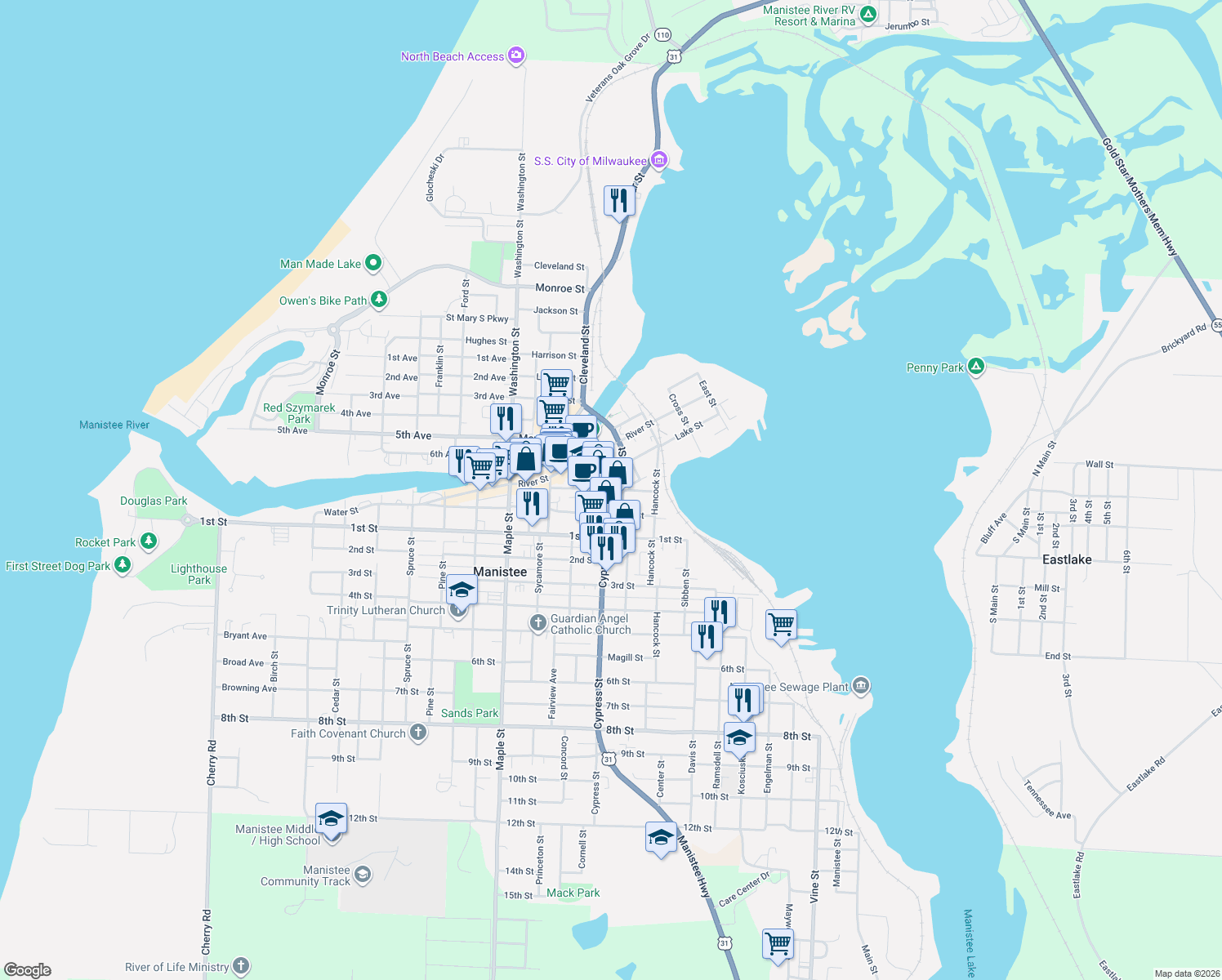 map of restaurants, bars, coffee shops, grocery stores, and more near 36 Filer Street in Manistee