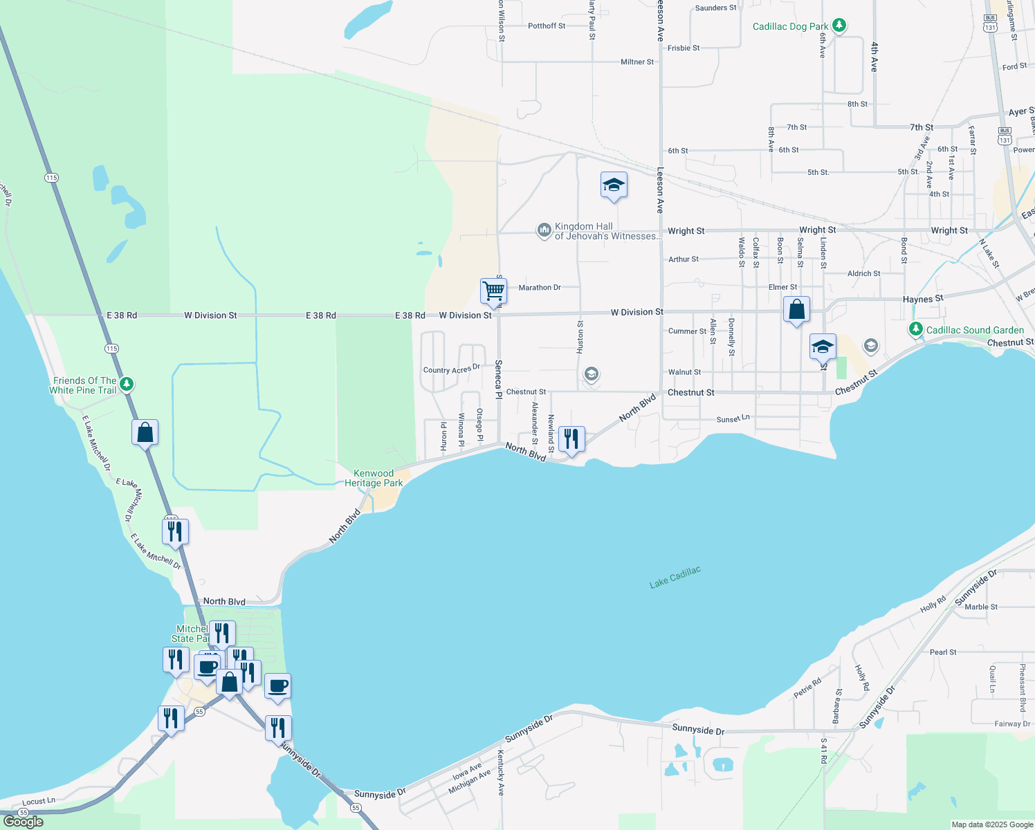 map of restaurants, bars, coffee shops, grocery stores, and more near Vick Ave in Cadillac