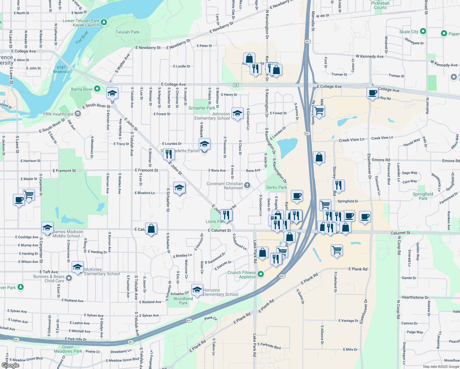 map of restaurants, bars, coffee shops, grocery stores, and more near 1517 South Irma Street in Appleton