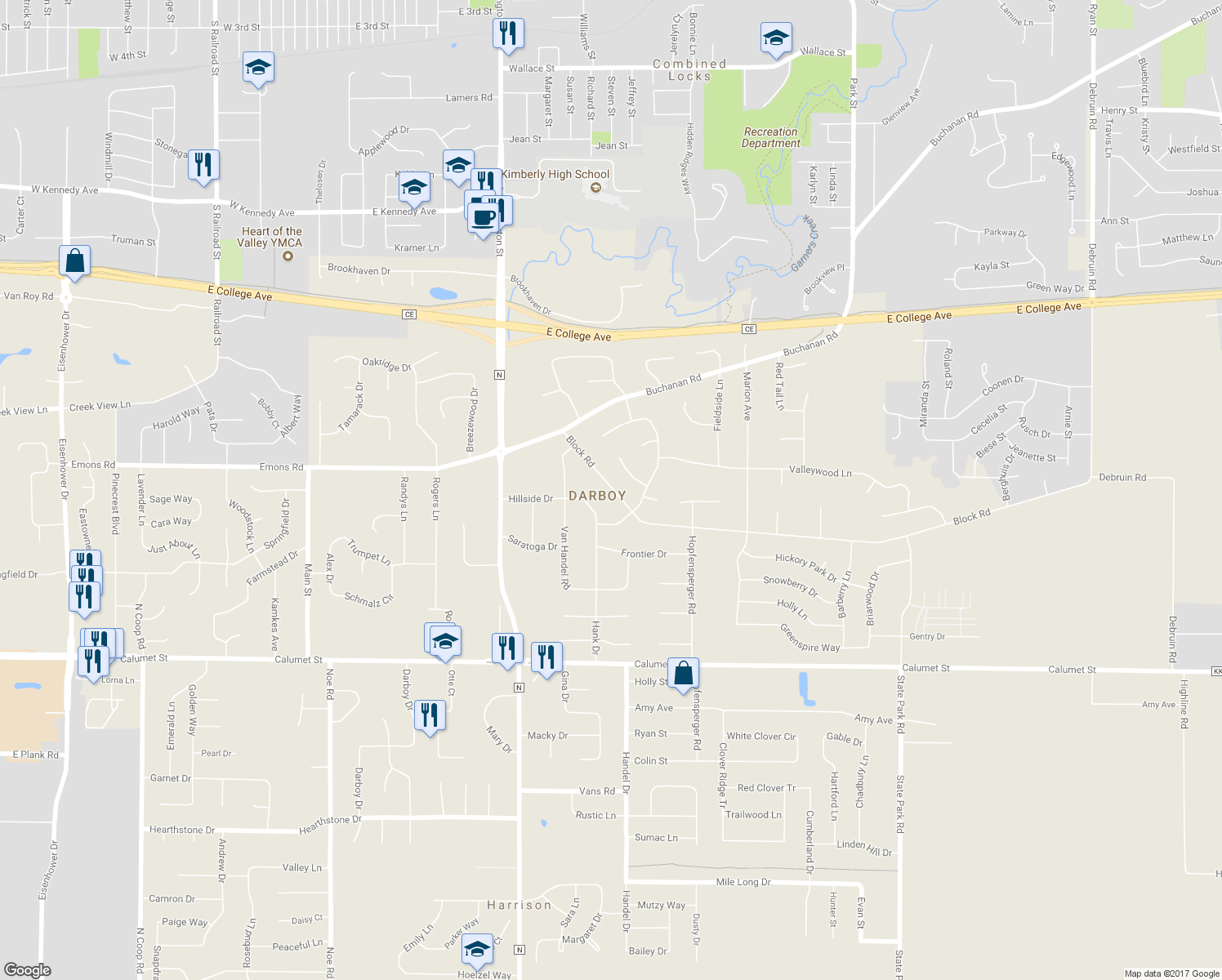 map of restaurants, bars, coffee shops, grocery stores, and more near 2585 Block Road in Appleton