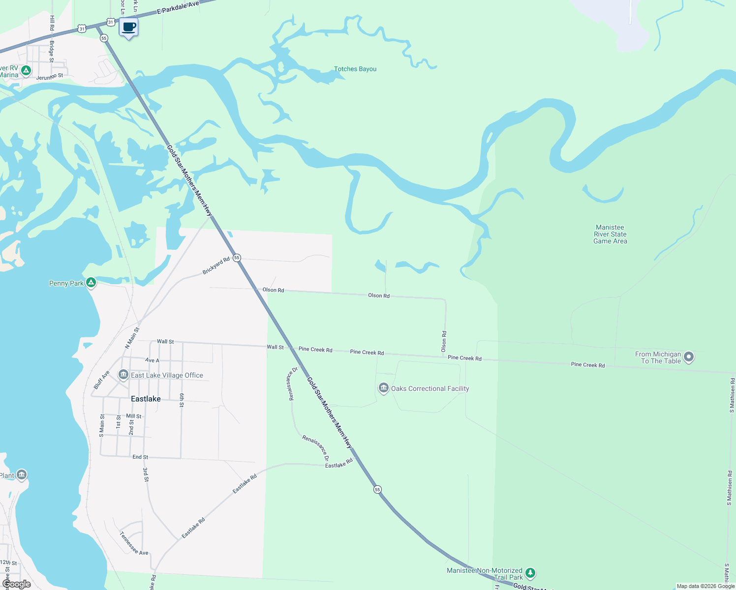 map of restaurants, bars, coffee shops, grocery stores, and more near 1384 Olson Road in Manistee