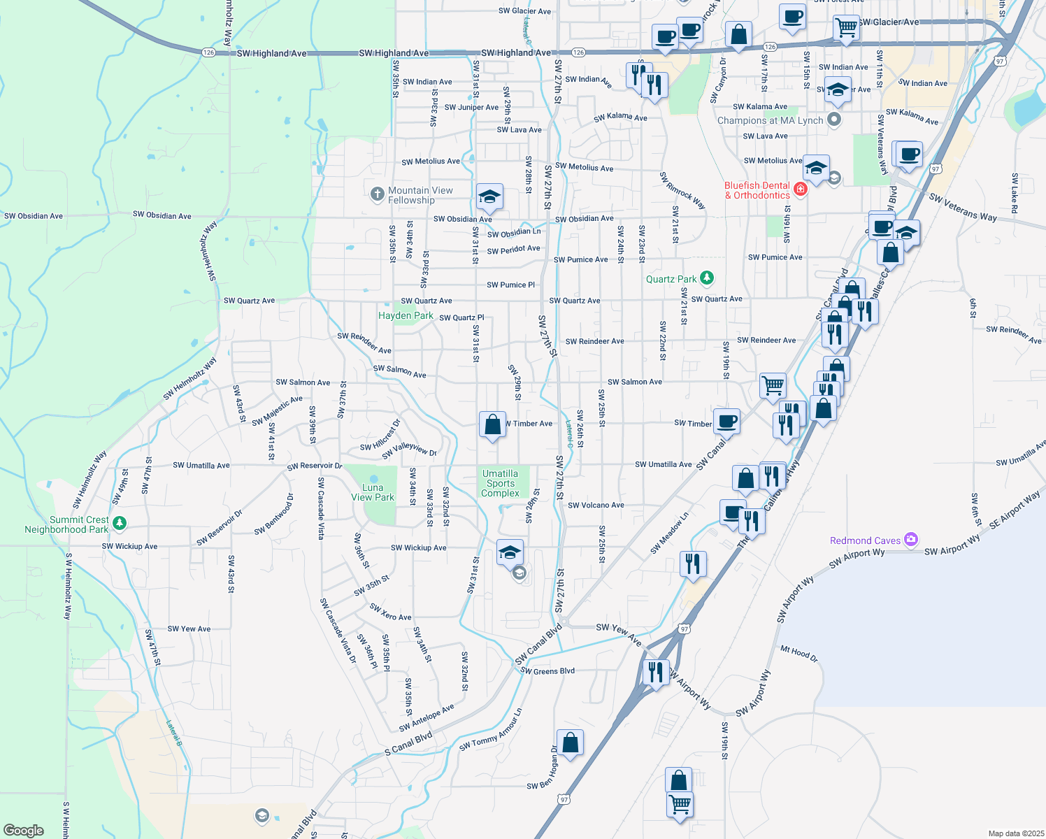 map of restaurants, bars, coffee shops, grocery stores, and more near 2885 SW Timber Ave in Redmond