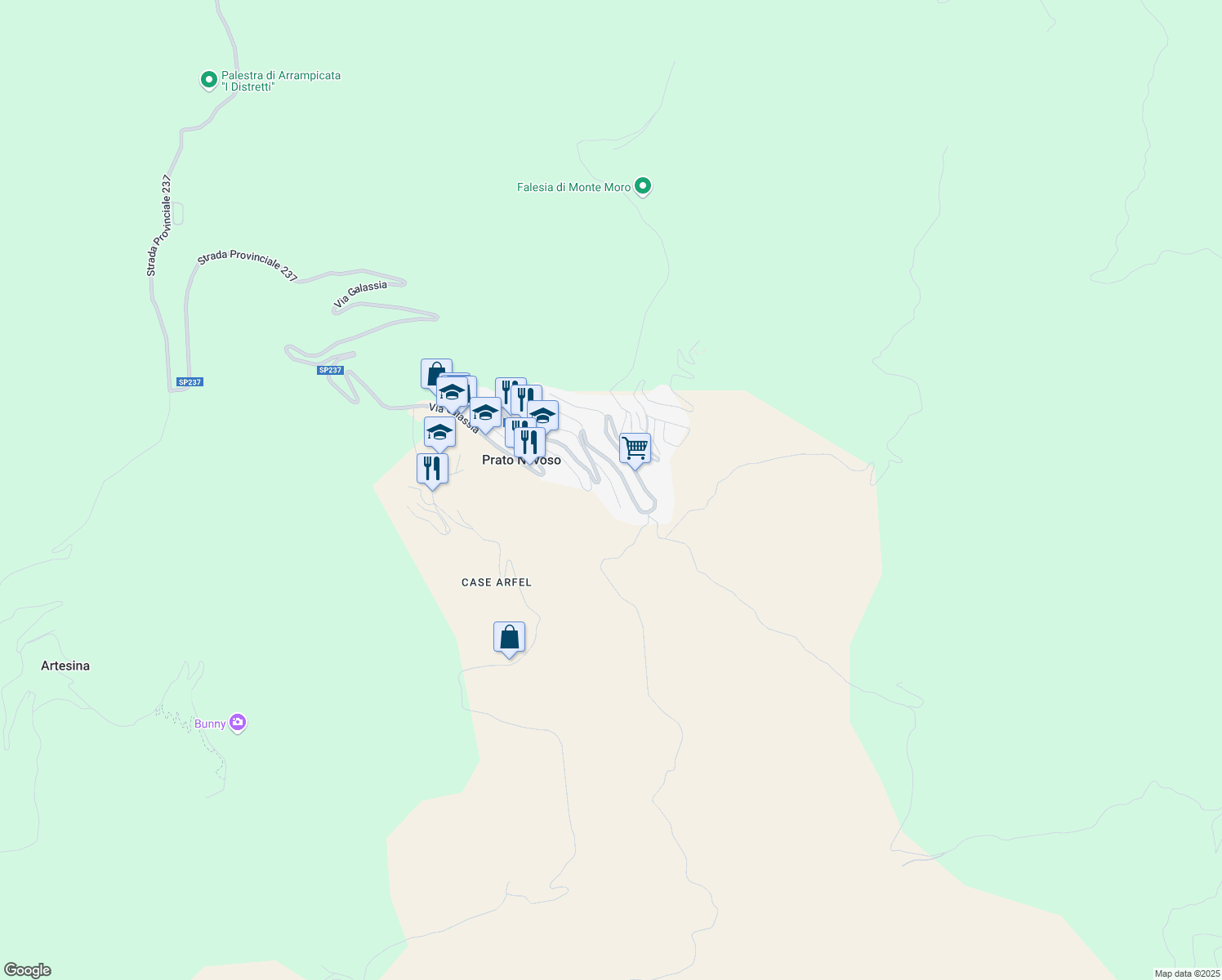 map of restaurants, bars, coffee shops, grocery stores, and more near 13 Via Sirio in Prato Nevoso