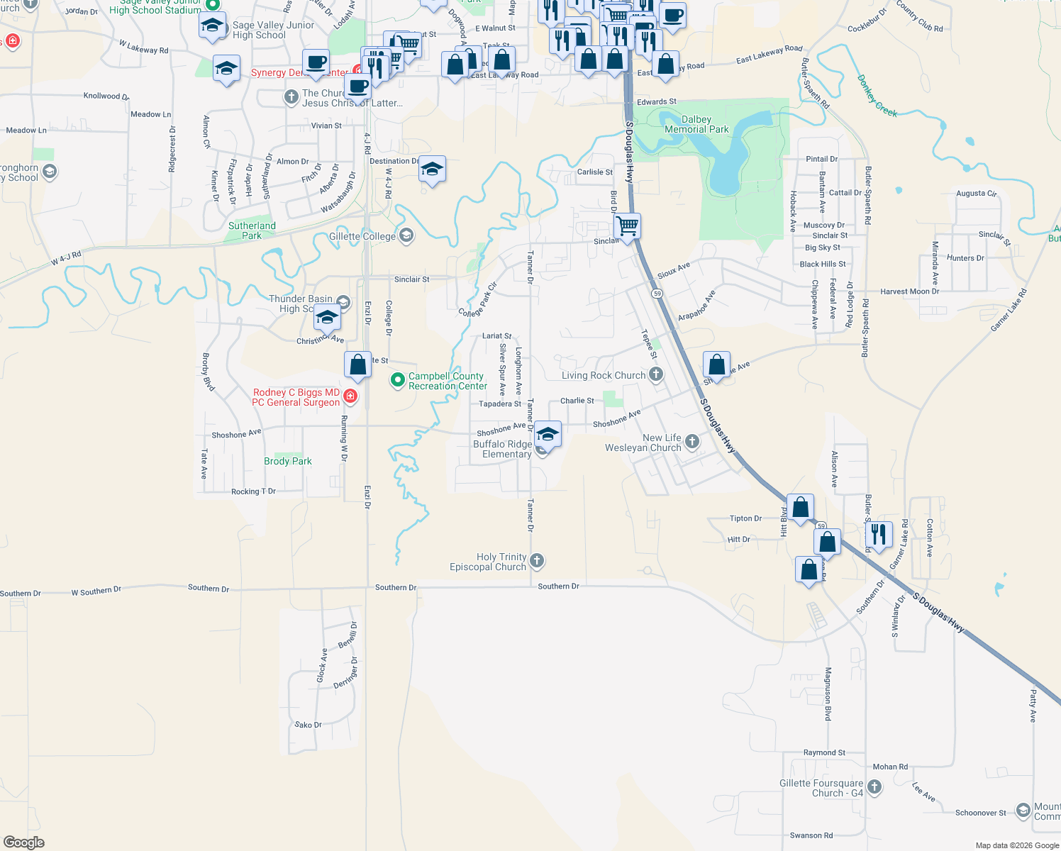 map of restaurants, bars, coffee shops, grocery stores, and more near 4499 Tanner Dr in Gillette