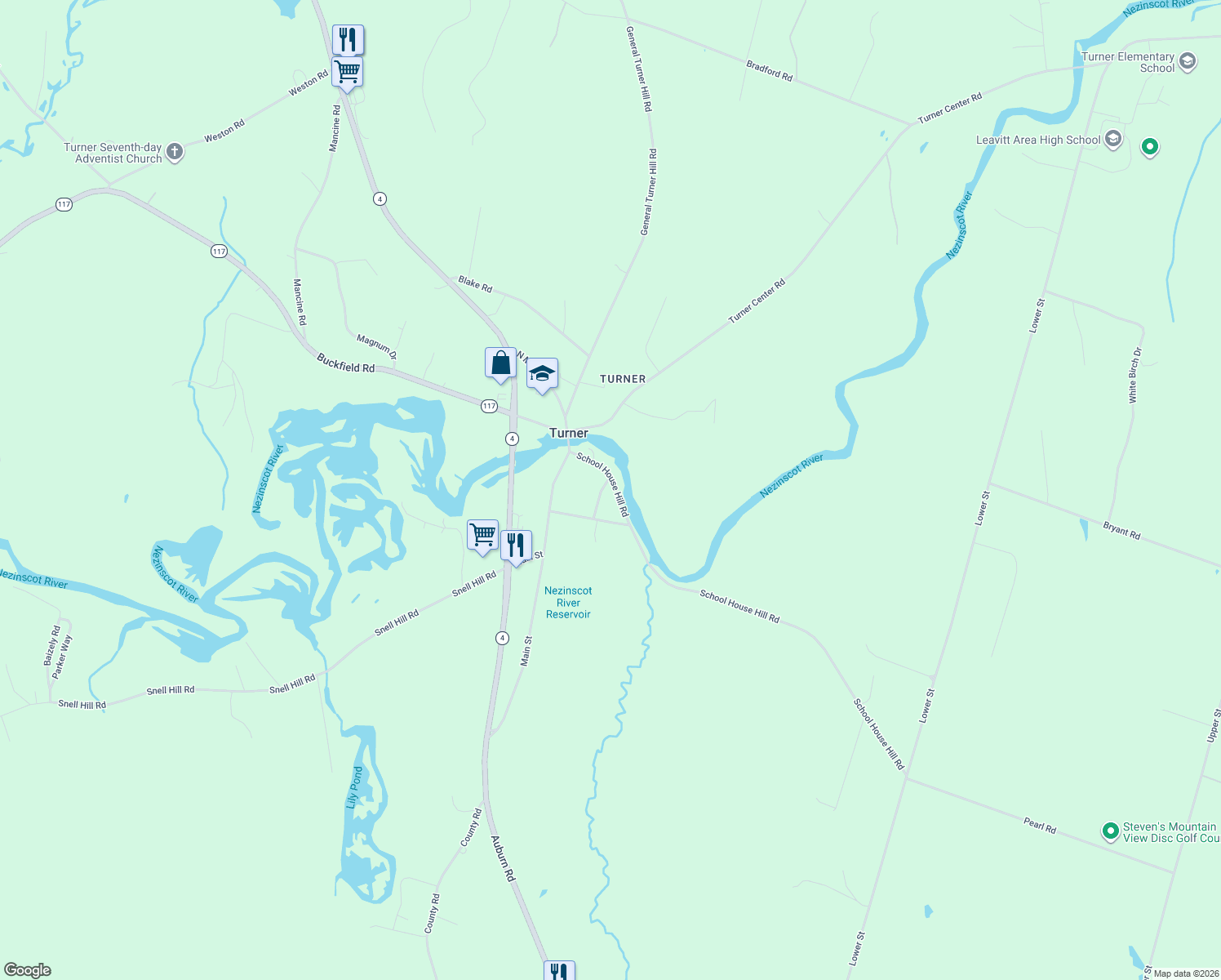 map of restaurants, bars, coffee shops, grocery stores, and more near 41 Church Street in Turner