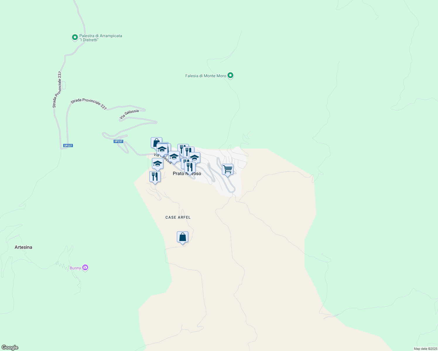 map of restaurants, bars, coffee shops, grocery stores, and more near 13 Via Sirio in Prato Nevoso
