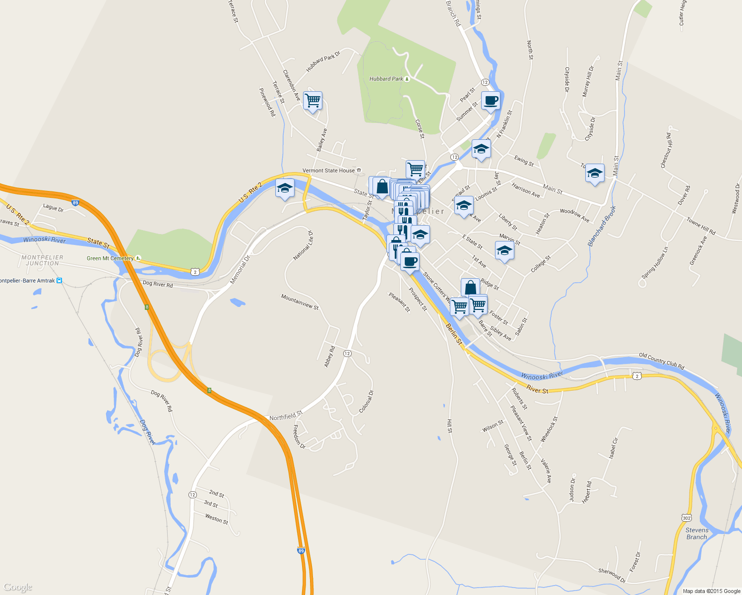 map of restaurants, bars, coffee shops, grocery stores, and more near 56 Northfield St in Montpelier