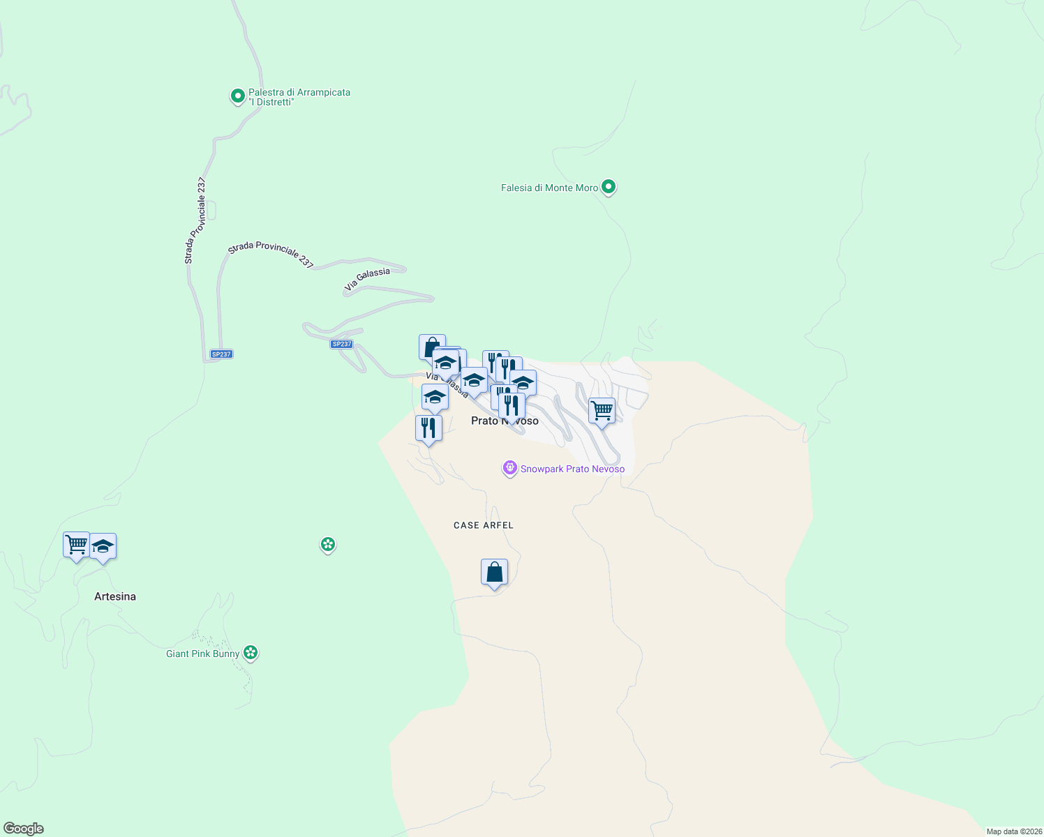 map of restaurants, bars, coffee shops, grocery stores, and more near 91 Via Galassia in Prato Nevoso