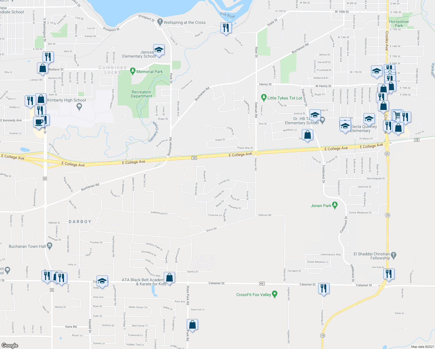 map of restaurants, bars, coffee shops, grocery stores, and more near 637 Carefree Court in Combined Locks