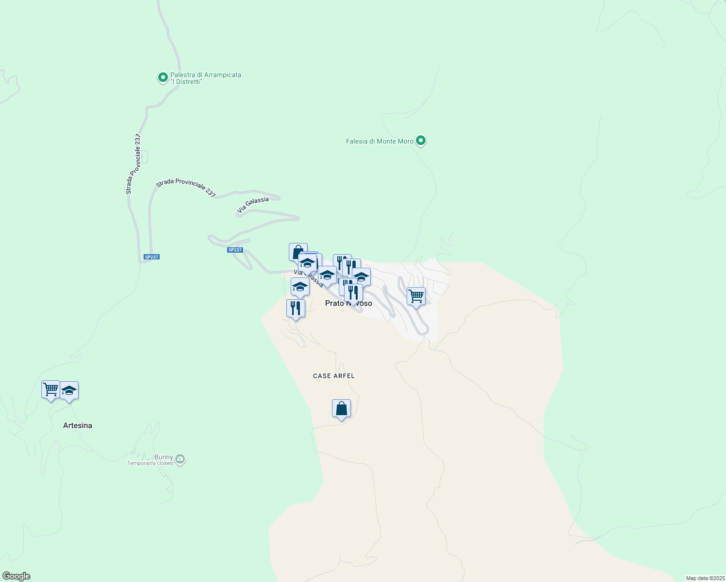 map of restaurants, bars, coffee shops, grocery stores, and more near 8 Via Galassia in Prato Nevoso