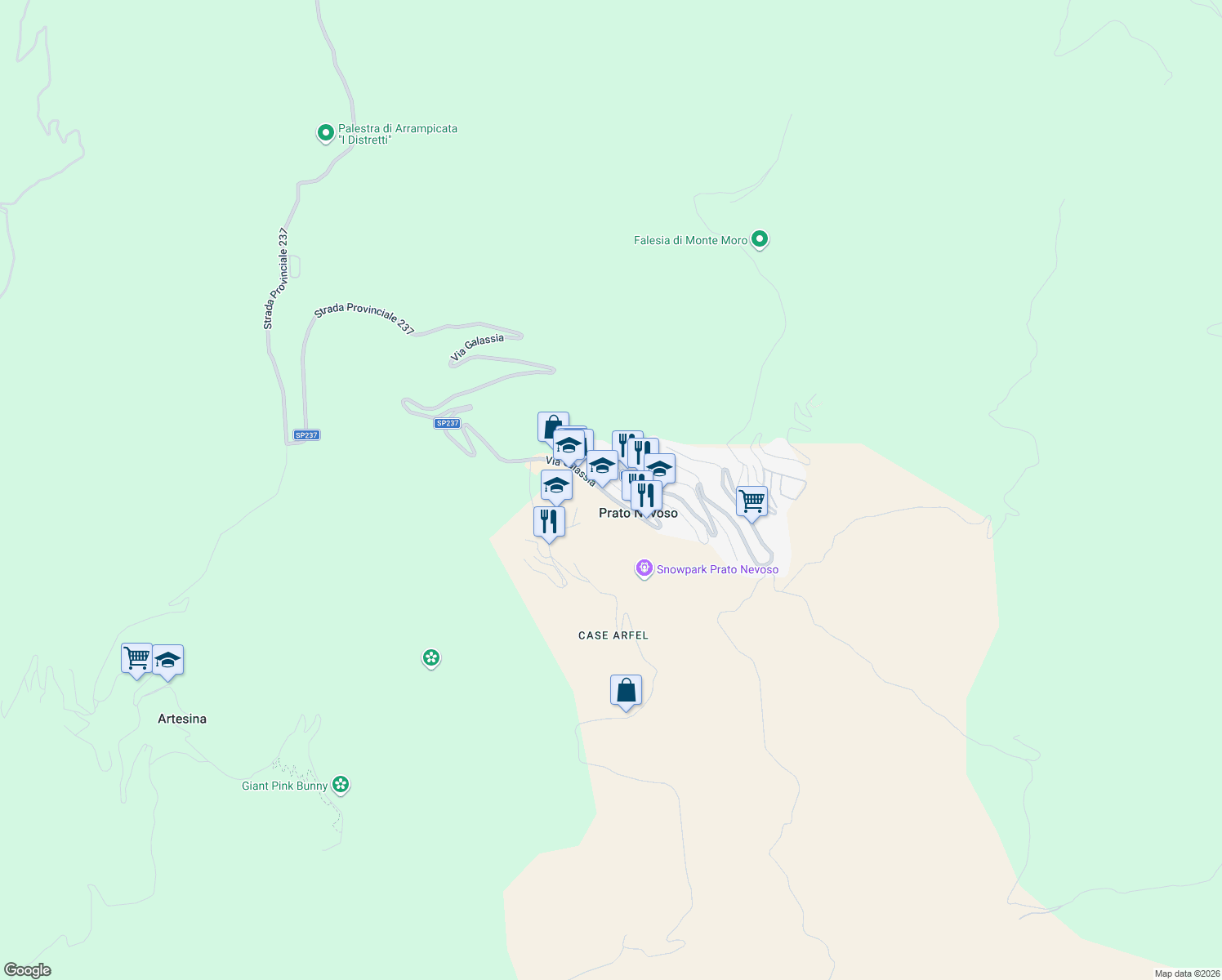 map of restaurants, bars, coffee shops, grocery stores, and more near 91 Via Galassia in Prato Nevoso