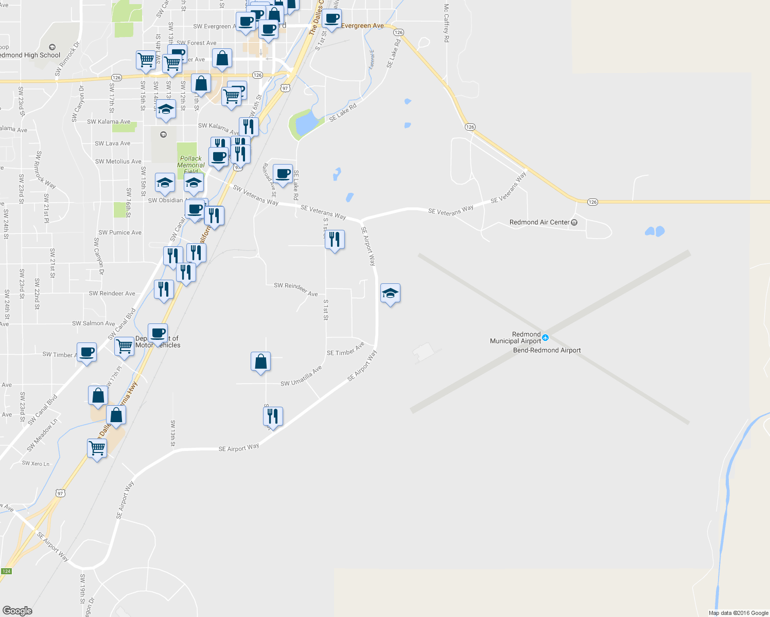 map of restaurants, bars, coffee shops, grocery stores, and more near 2244 Southeast Airport Way in Redmond
