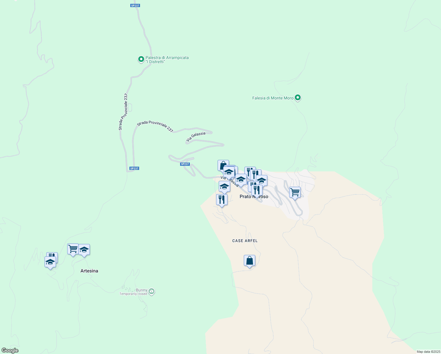map of restaurants, bars, coffee shops, grocery stores, and more near 8 Via Galassia in Prato Nevoso