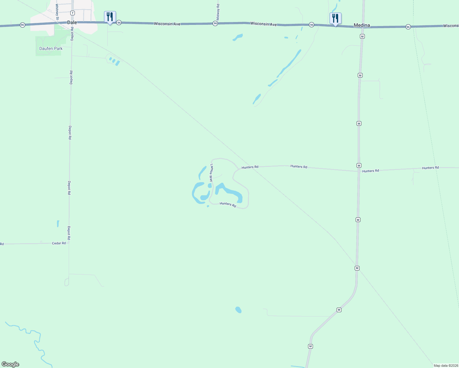 map of restaurants, bars, coffee shops, grocery stores, and more near W9266 Hunters Rd in Hortonville