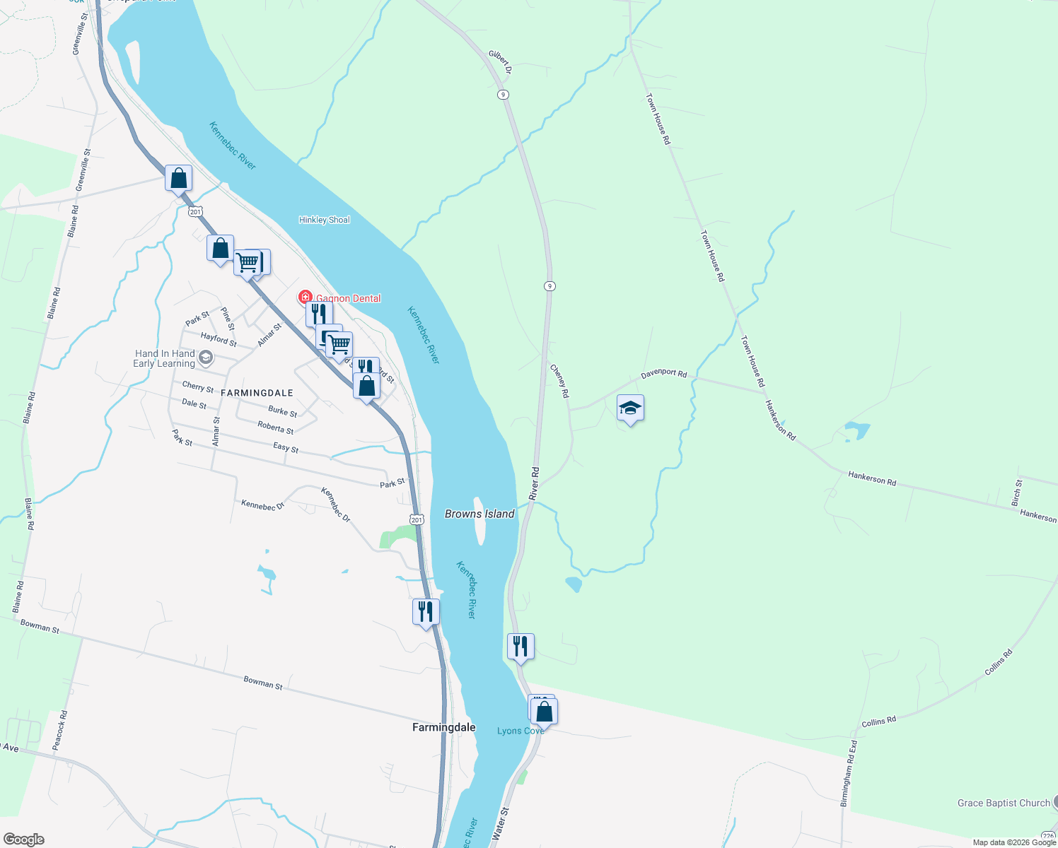 map of restaurants, bars, coffee shops, grocery stores, and more near 585 River Road in Chelsea