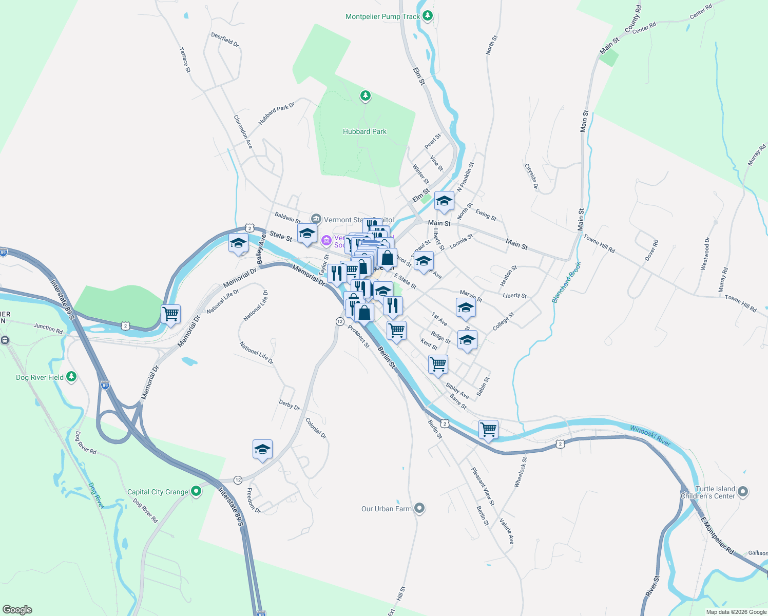 map of restaurants, bars, coffee shops, grocery stores, and more near in Montpelier