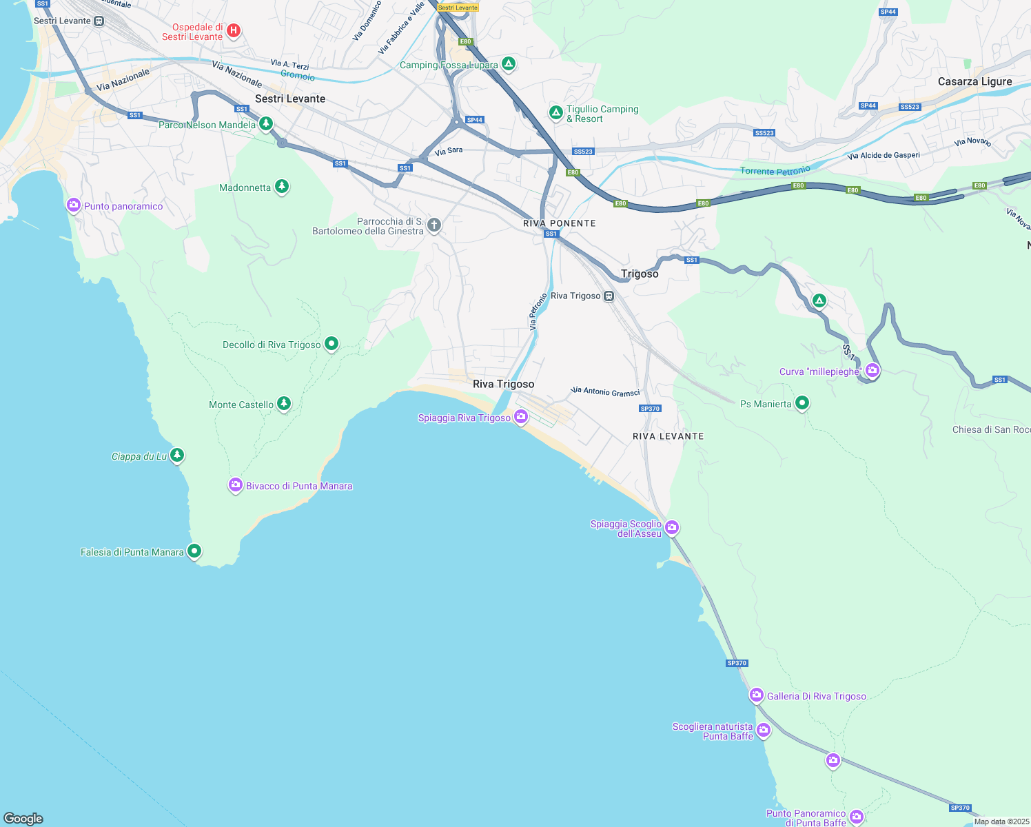 map of restaurants, bars, coffee shops, grocery stores, and more near 20 Via Cristoforo Colombo in Casarza Ligure