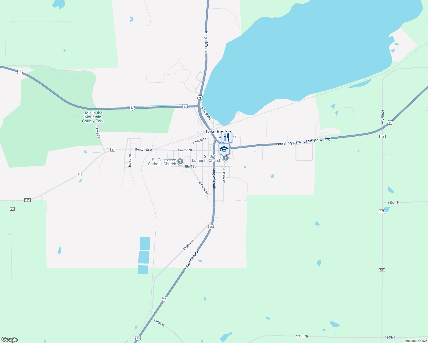 map of restaurants, bars, coffee shops, grocery stores, and more near 218 Fremont Street South in Lake Benton