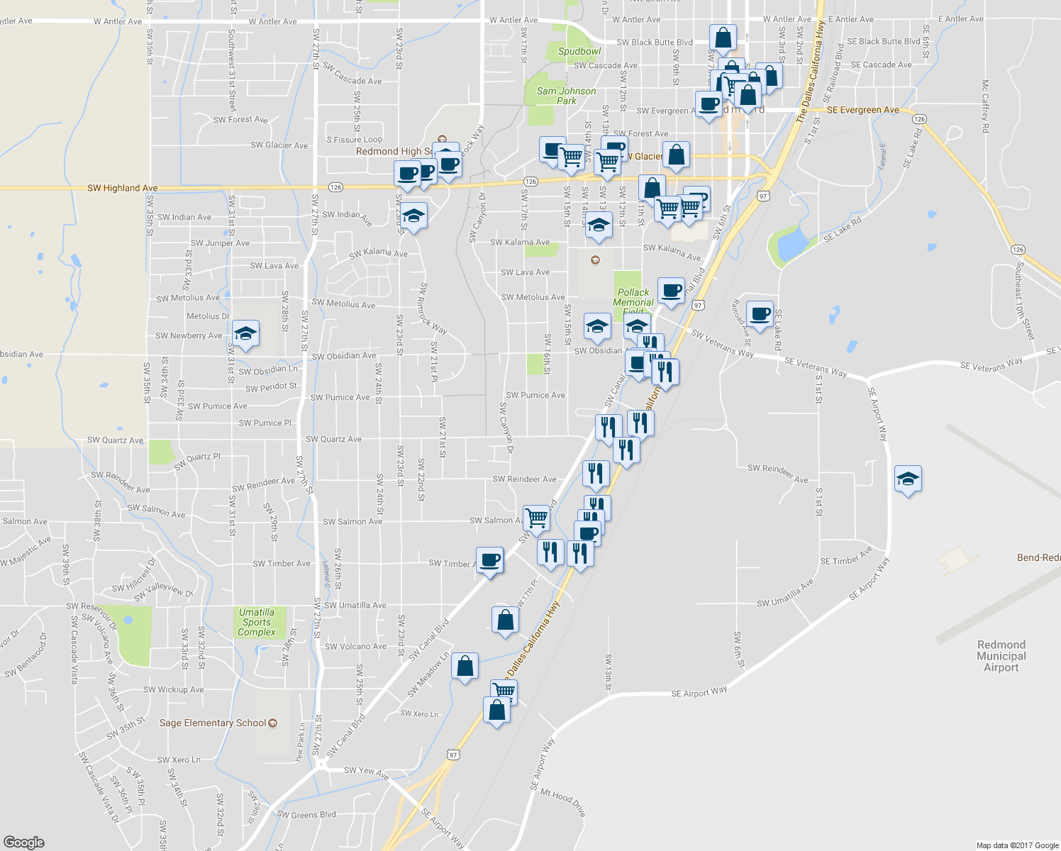 map of restaurants, bars, coffee shops, grocery stores, and more near 1832 Southwest 17th Street in Redmond