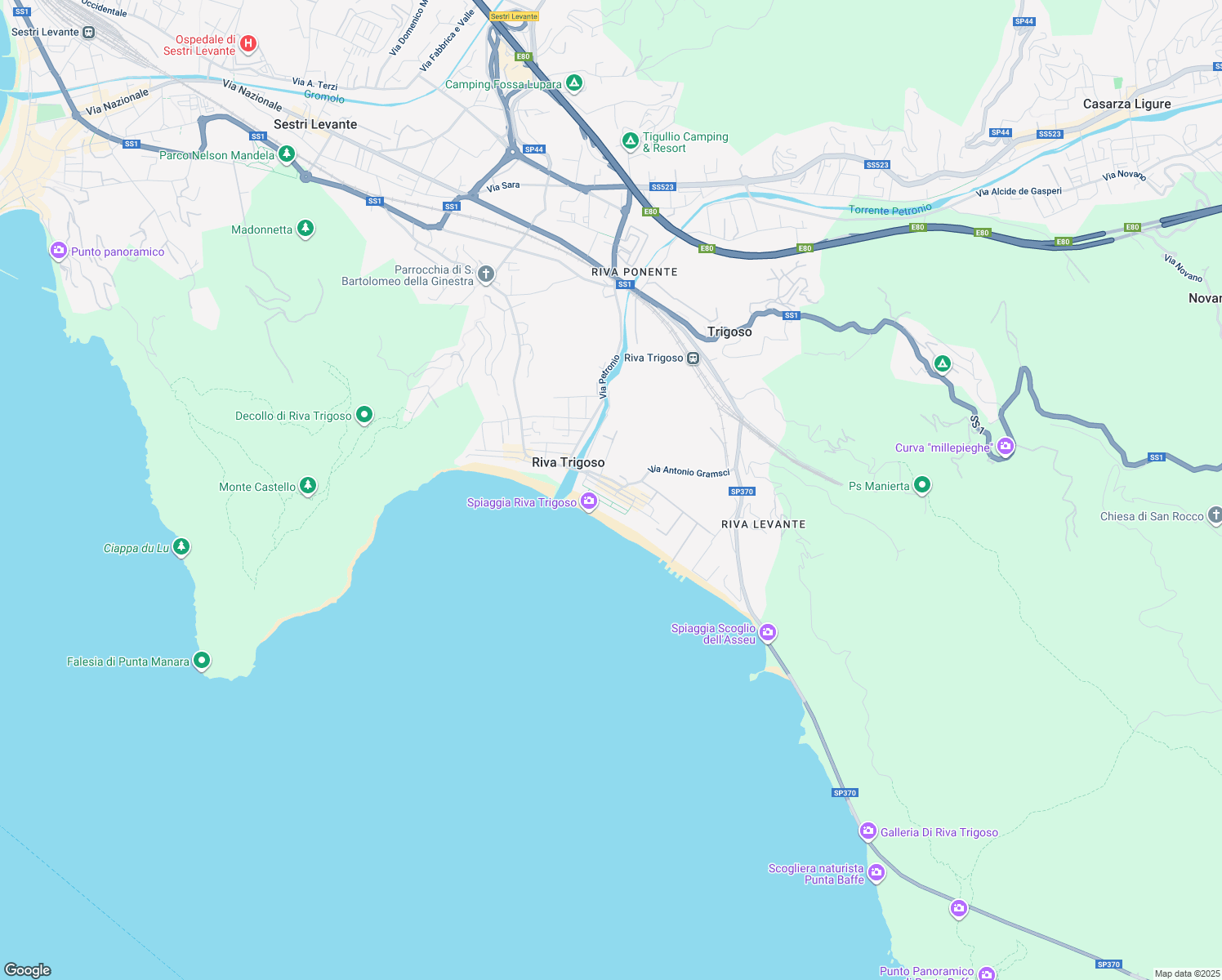 map of restaurants, bars, coffee shops, grocery stores, and more near 26 Via della Libertà in Sestri Levante