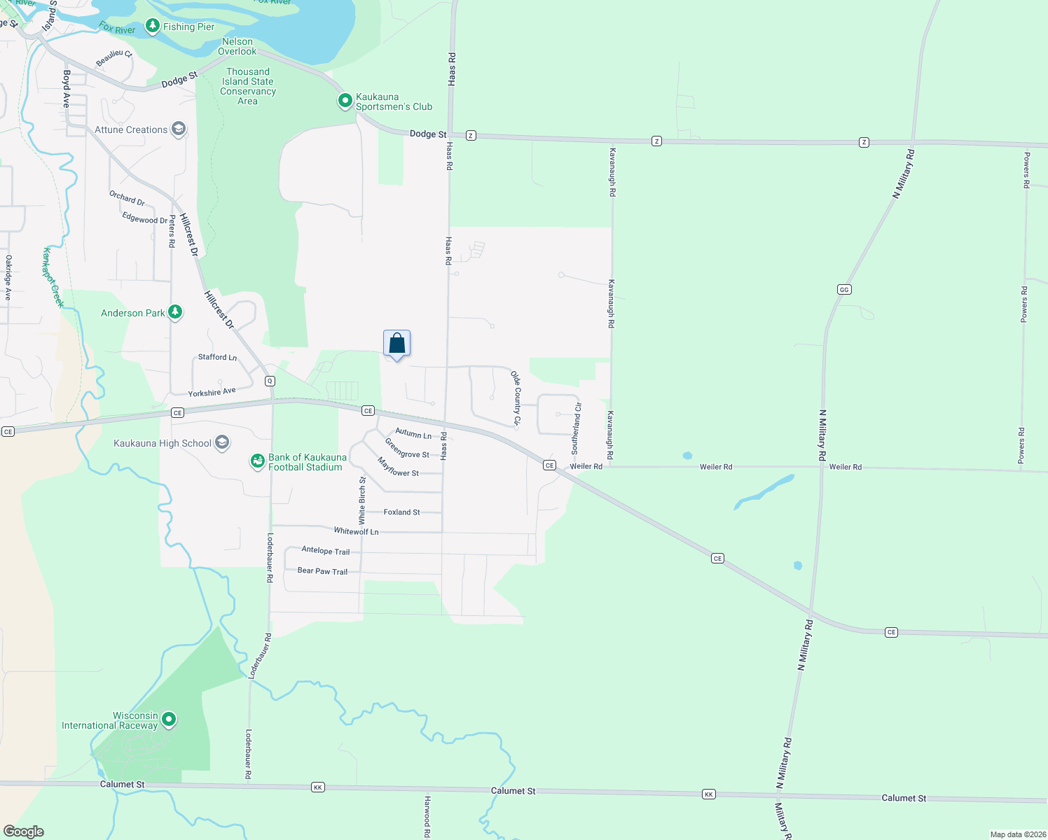 map of restaurants, bars, coffee shops, grocery stores, and more near 2138 Olde Country Cir in Kaukauna