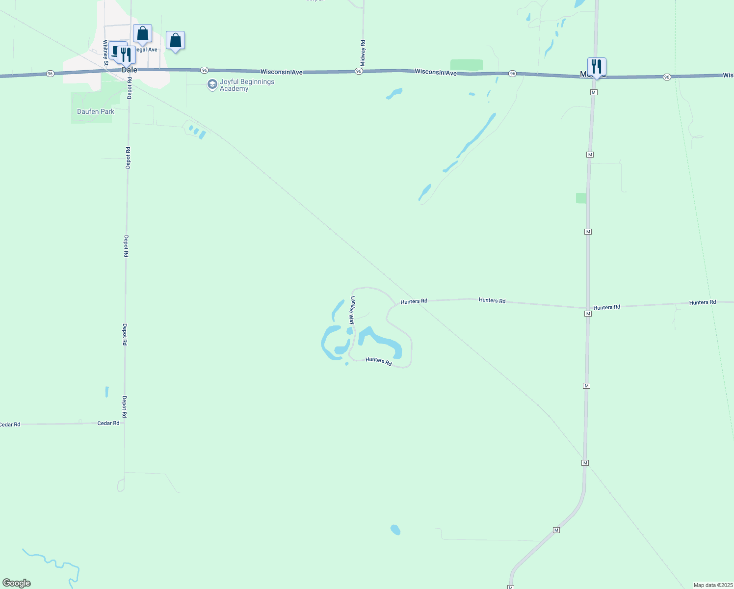 map of restaurants, bars, coffee shops, grocery stores, and more near W9251 Lamise Way in Hortonville