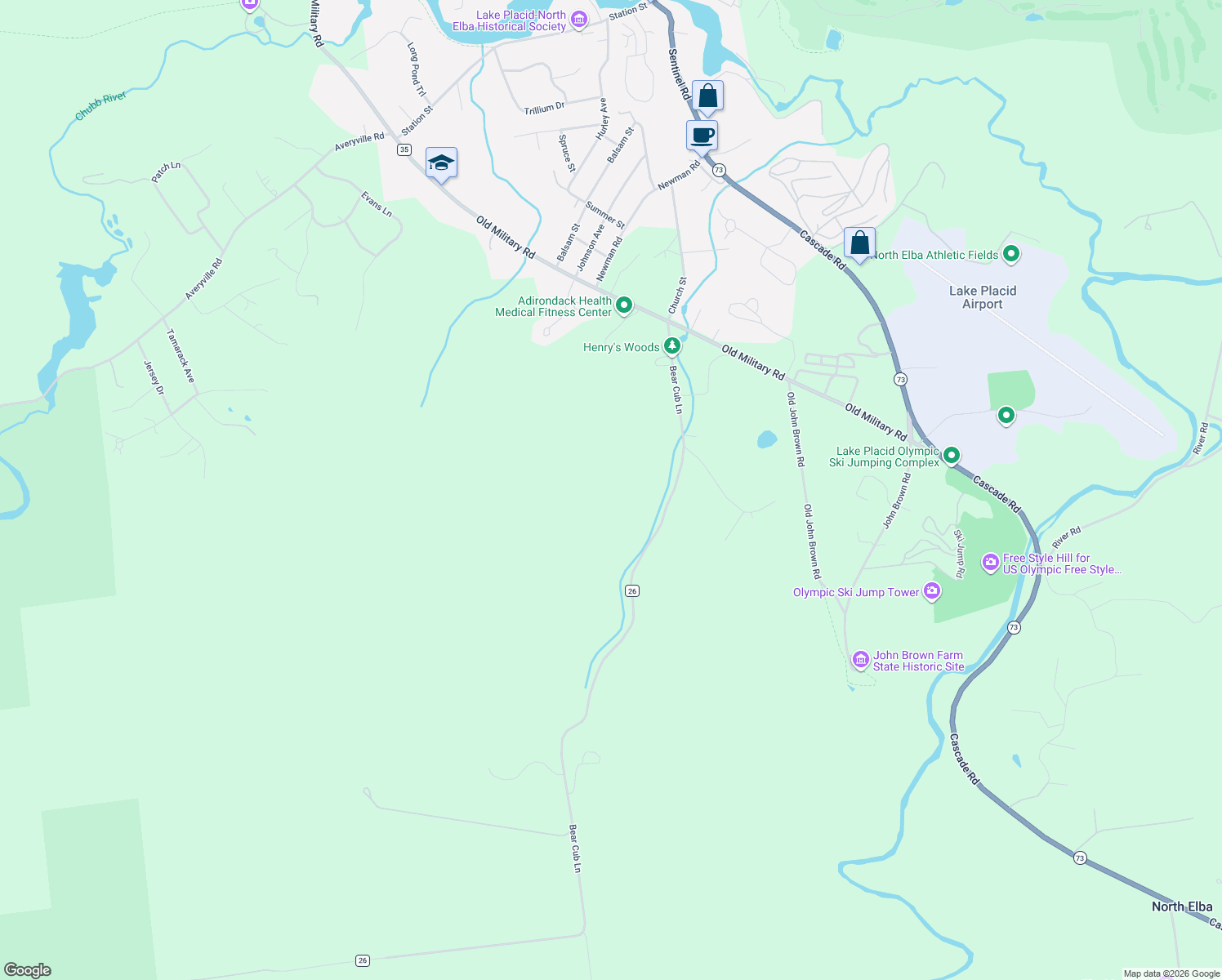 map of restaurants, bars, coffee shops, grocery stores, and more near 116 Bear Cub Road in Lake Placid