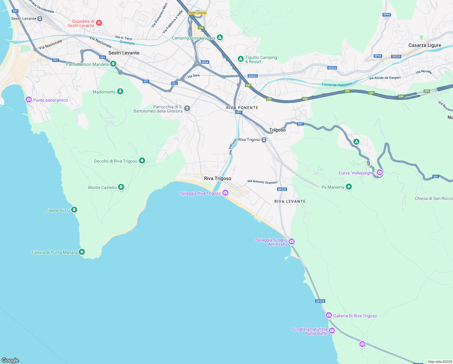 map of restaurants, bars, coffee shops, grocery stores, and more near 26 Via della Libertà in Sestri Levante