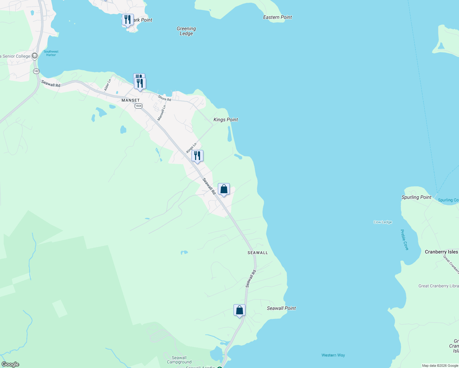map of restaurants, bars, coffee shops, grocery stores, and more near 329 Seawall Road in Southwest Harbor