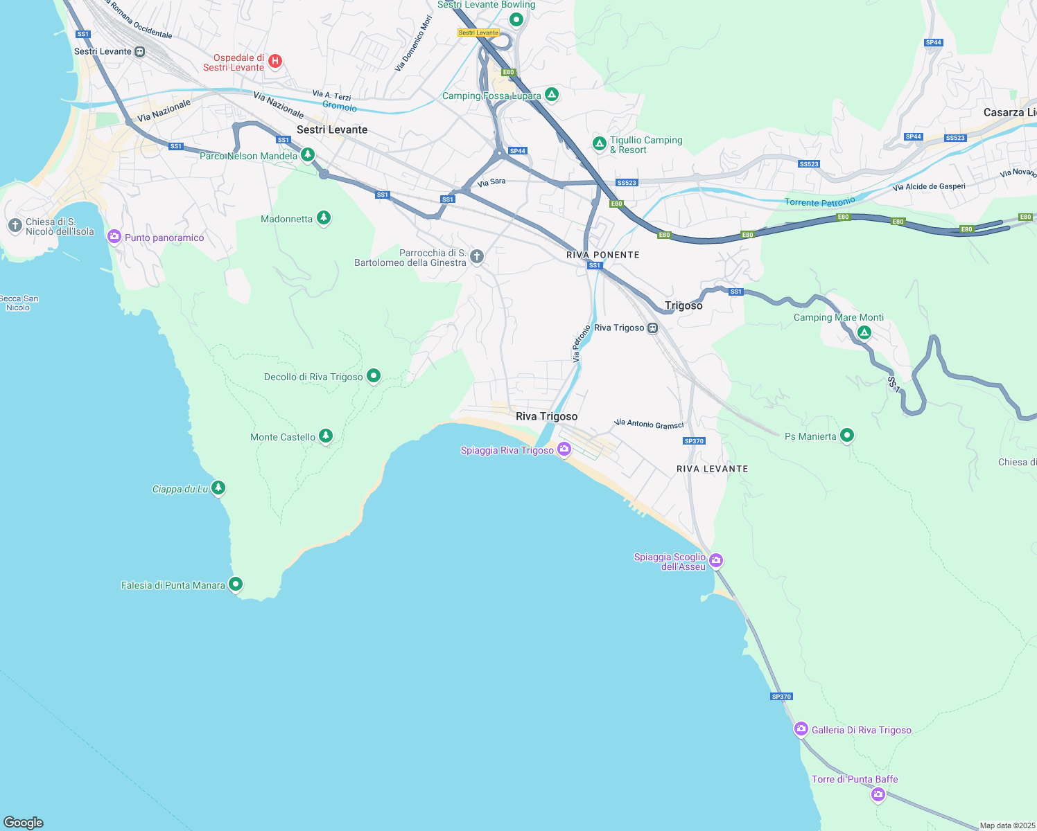 map of restaurants, bars, coffee shops, grocery stores, and more near 15 Via Usodimare in Riva Trigoso
